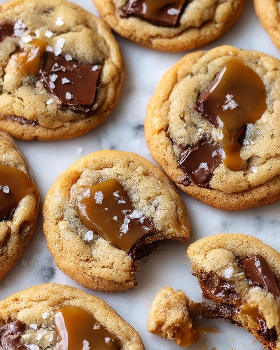 The image shows several soft, golden-brown cookies with a slightly bubbled texture. Each cookie has thick, dark chocolate chunks embedded in the top layer, with glossy, melted caramel dollops sitting on the surface. There are visible flakes of white sea salt scattered over the cookies, adding contrast to the smooth caramel and chocolate. One cookie is broken, revealing a chewy inside with more chocolate chunks. The cookies rest on a white marbled textured surface. photo taken with an iphone --ar 4:5 --v 7