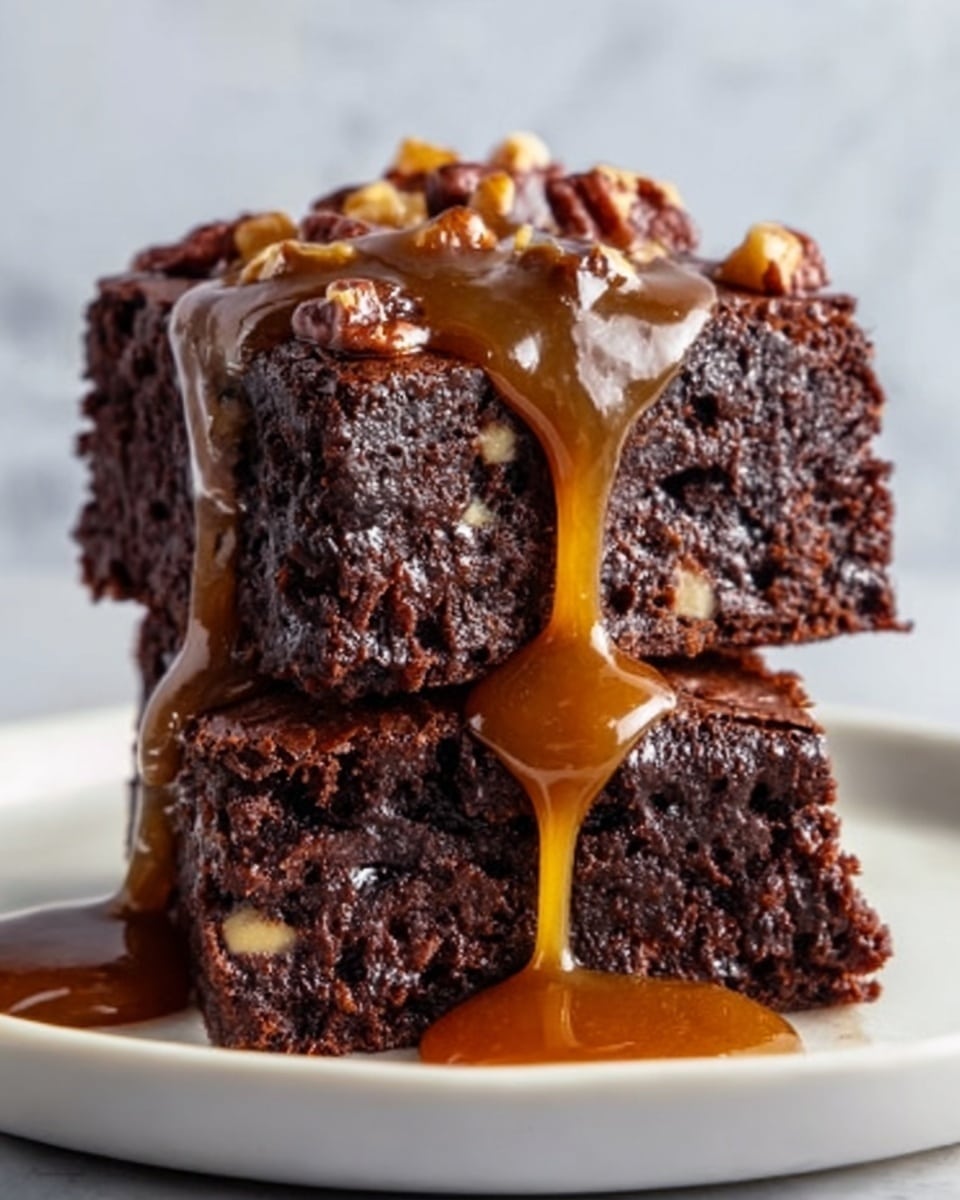 The image shows two thick, rich chocolate brownies stacked on a white plate. The bottom brownie has a dense, moist texture with visible tiny pockets, and the top brownie looks soft with walnut pieces embedded inside. A glossy, golden caramel sauce is slowly dripping down the sides of the brownies, pooling slightly on the plate. The background is a soft white marbled texture, highlighting the dark brown of the dessert and the caramel’s shiny surface. Photo taken with an iphone --ar 4:5 --v 7