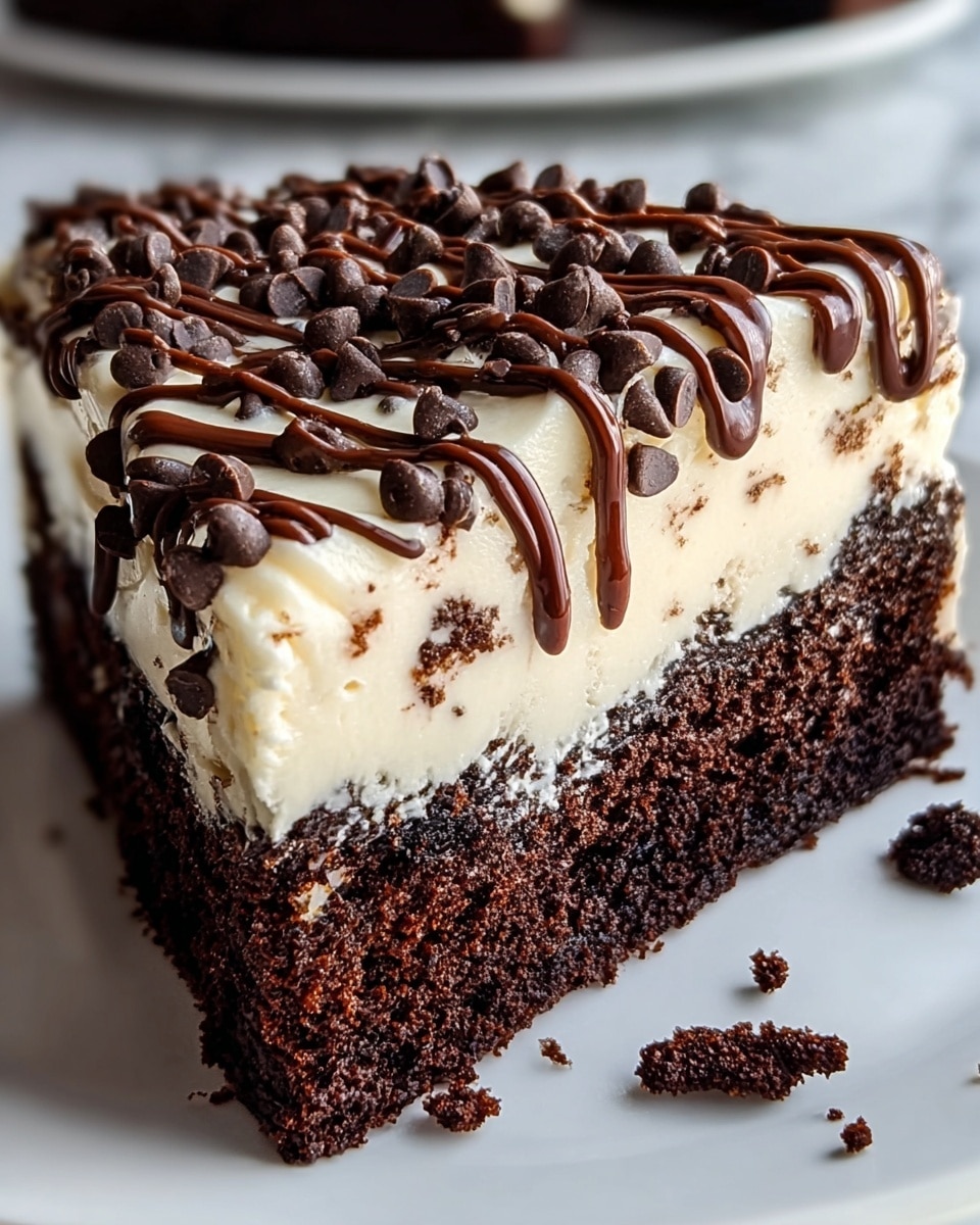 A close-up of a two-layered dessert slice on a white plate, the bottom layer is dark brown, moist chocolate cake with a rich texture, while the top layer is thick, creamy white frosting speckled with small dark bits inside. The frosting layer is smooth and glossy, topped with many dark chocolate chips scattered evenly across. Thin lines of dark chocolate drizzle crisscross the top, giving a shiny and textured look. Small chocolate crumbs are visible near the base of the slice. The background is a blurred white marbled texture. photo taken with an iphone --ar 4:5 --v 7