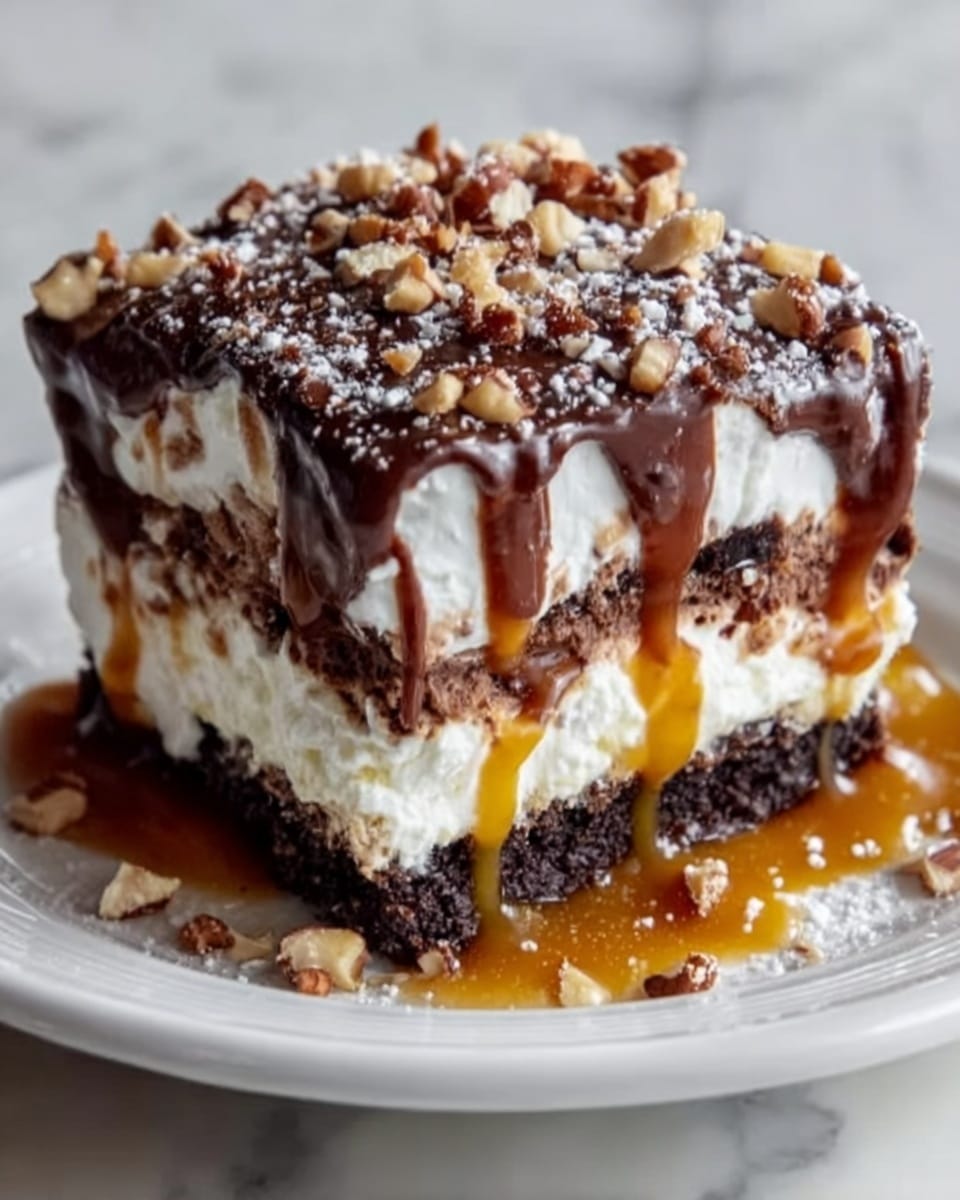 A square dessert with three visible layers sits on a white plate over a white marbled surface. The bottom and middle layers are dark brown, crumbly cookie crusts, while the two layers between them are thick, white and creamy. The top is covered with glossy, dark chocolate sauce that drips slightly down the sides. Golden caramel sauce oozes between the layers and onto the plate. The dessert is sprinkled with chopped nuts and a light dusting of powdered sugar, adding texture and contrast to the rich layers. Photo taken with an iphone --ar 4:5 --v 7