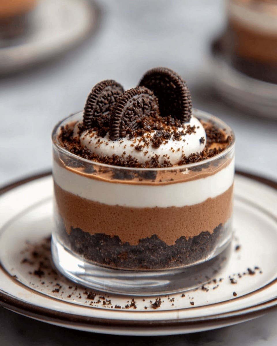 The image shows a small, round dessert with three visible layers in a clear glass cup. The bottom layer is dark brown and crumbly, looking like crushed cookies. The middle layer is smooth and lighter brown, resembling chocolate mousse. The top layer is white and creamy with some dark cookie crumbs sprinkled on top, along with three small cookie halves placed neatly in the center. This dessert is on a white plate with a thin dark rim, all placed on a white marbled surface. Photo taken with an iphone --ar 4:5 --v 7