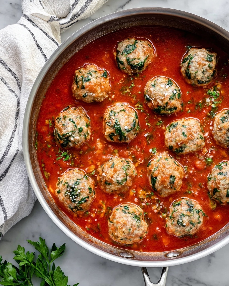 A round metal pan filled with about 16 meatballs simmering in a thick red tomato sauce. The meatballs have visible green spinach pieces and white bits of cheese mixed throughout, giving them a textured look. The sauce is smooth with some oil glistening on the surface around the meatballs. The pan rests on a white marbled surface next to green herb sprigs and a white cloth with thin black stripes. Photo taken with an iphone --ar 4:5 --v 7