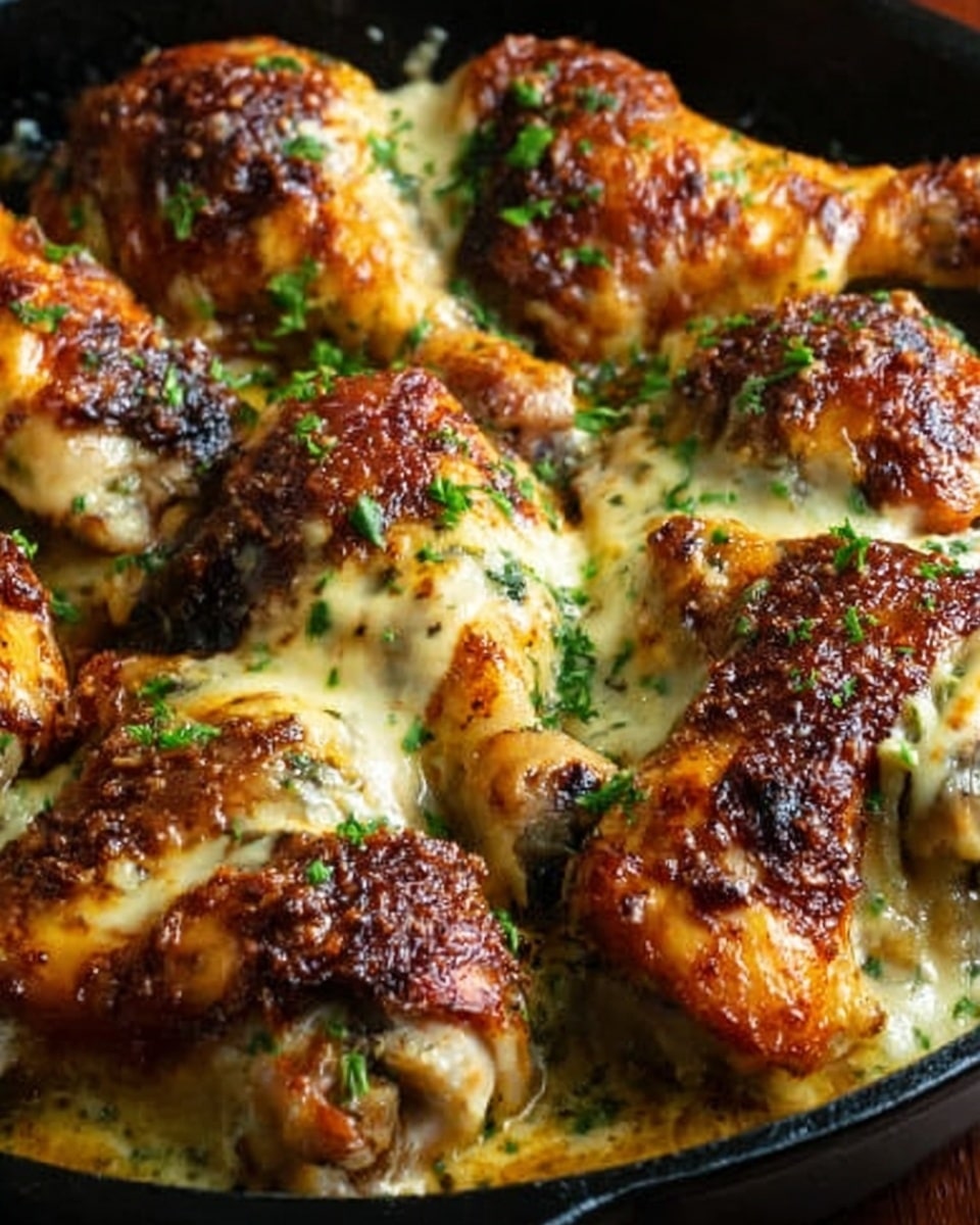 A close-up of a dish with several pieces of cooked chicken drumsticks and thighs arranged in a black skillet. The chicken pieces have a browned and slightly crispy skin, topped with a light layer of melted cheese that looks creamy and slightly bubbly. Small green herbs are sprinkled on top, adding a touch of color. The chicken pieces are packed closely together filling the skillet evenly. photo taken with an iphone --ar 4:5 --v 7