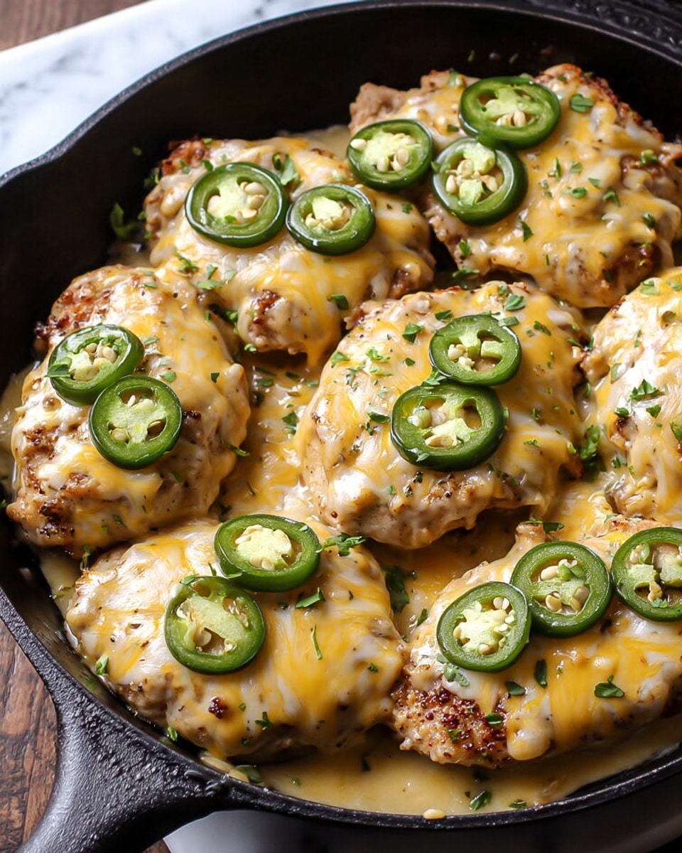 This image shows a skillet filled with seven pieces of cooked chicken, each topped with melted yellow cheese that looks creamy and smooth. On top of the cheese, there are many slices of green jalapeño peppers spread evenly across the chicken. The chicken pieces are browned and crispy on the edges, giving a slightly rough texture underneath the smooth cheese layer. Small bits of green herbs are sprinkled over everything, adding color contrast and freshness. The skillet is black and sits on a white marbled surface, adding a clean and bright background. The image focuses closely on the skillet, showing the details of the cheese melting and the jalapeño slices clearly. photo taken with an iphone --ar 4:5 --v 7