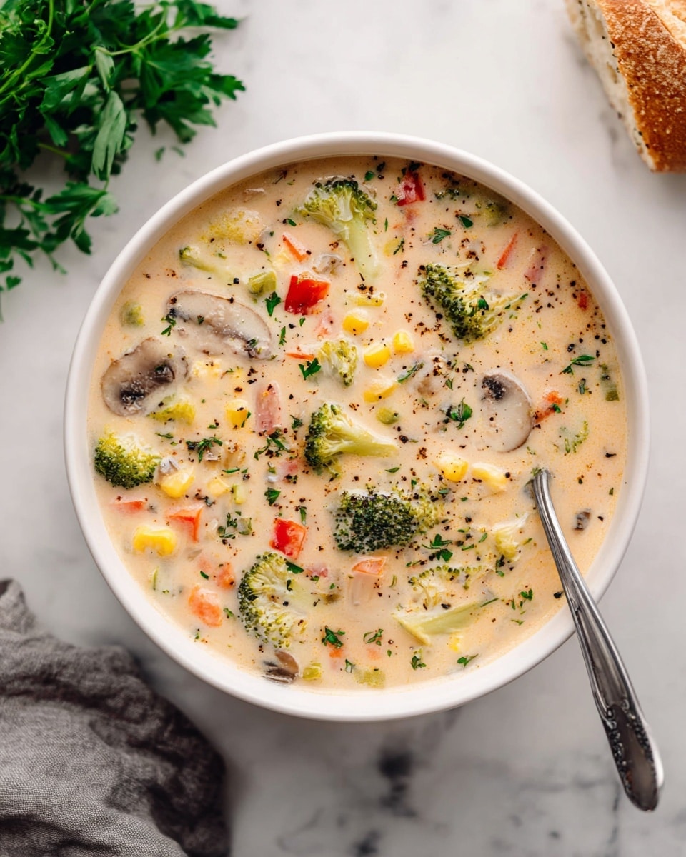 A white bowl filled with thick creamy soup showing a mix of colorful small vegetable pieces including green broccoli florets, red and orange carrot bits, yellow corn, and light brown mushroom slices, all in a pale beige broth speckled with black pepper and herbs. A silver spoon rests on the right side inside the bowl. Surrounding the bowl is a white marbled surface with a bunch of fresh green herbs on the left, a piece of brown bread on the top right, and a folded grey cloth at the bottom left. photo taken with an iphone --ar 4:5 --v 7
