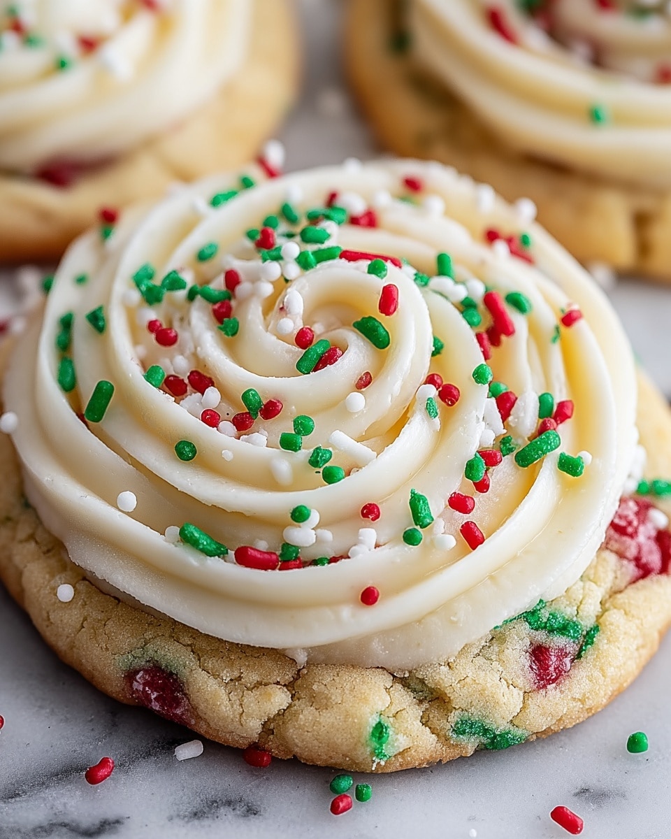 A close-up of a soft round cookie with colorful small red, green, and white candy pieces baked inside the cookie dough. On top, there is a thick layer of creamy white frosting piped in a rose pattern, with the frosting having a smooth texture and swirled in circles. Sprinkles in red, green, and white are scattered on the frosting and some spill onto the white marbled surface beneath. The cookie edges show light cracks and a slightly golden hue. Photo taken with an iphone --ar 4:5 --v 7
