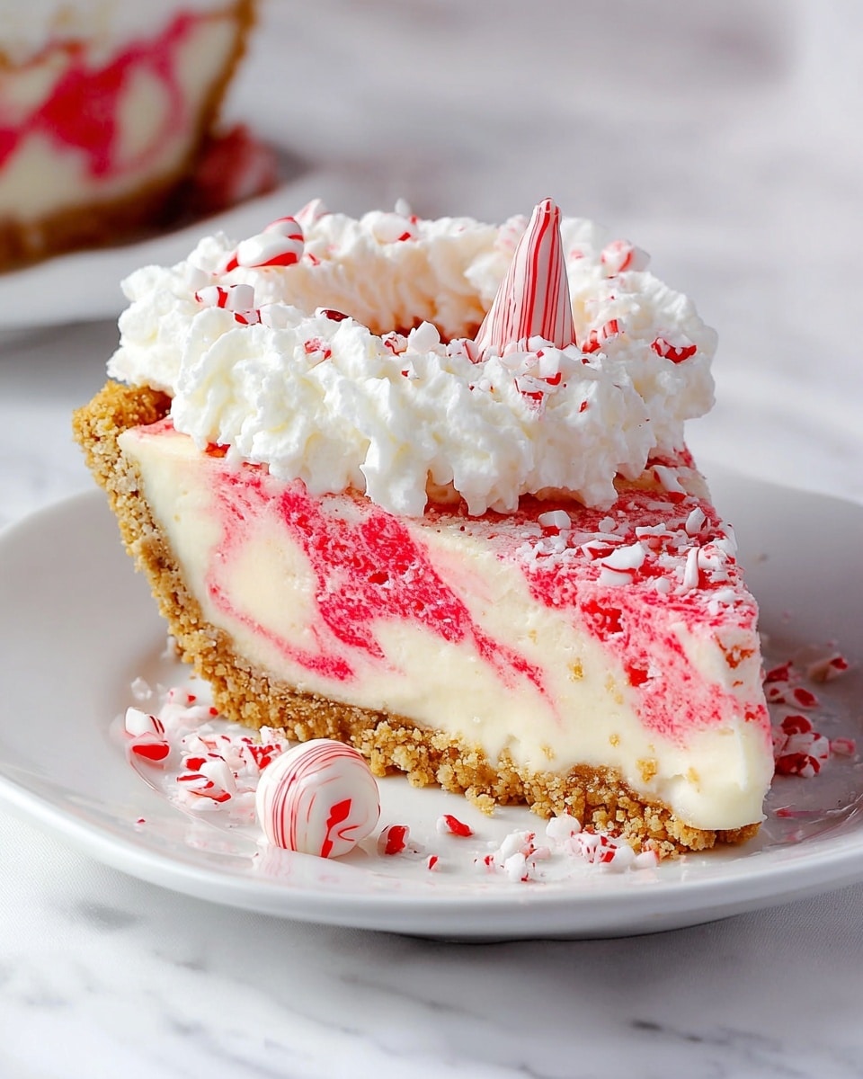 A slice of pie sits on a white plate with a crumbly golden-brown crust as the base layer. Above the crust is a creamy white filling mixed with swirls of bright red, creating a marbled effect that looks smooth and slightly soft. On top of the pie is a thick layer of white whipped cream, shaped in a ring, sprinkled with small bits of crushed white and red peppermint candy. In the center of the whipped cream sits a white and red striped candy in a cone shape, and there is another similar candy resting on the plate beside the pie slice. The scene is set on a white marbled surface, giving a clean, bright background. photo taken with an iphone --ar 4:5 --v 7