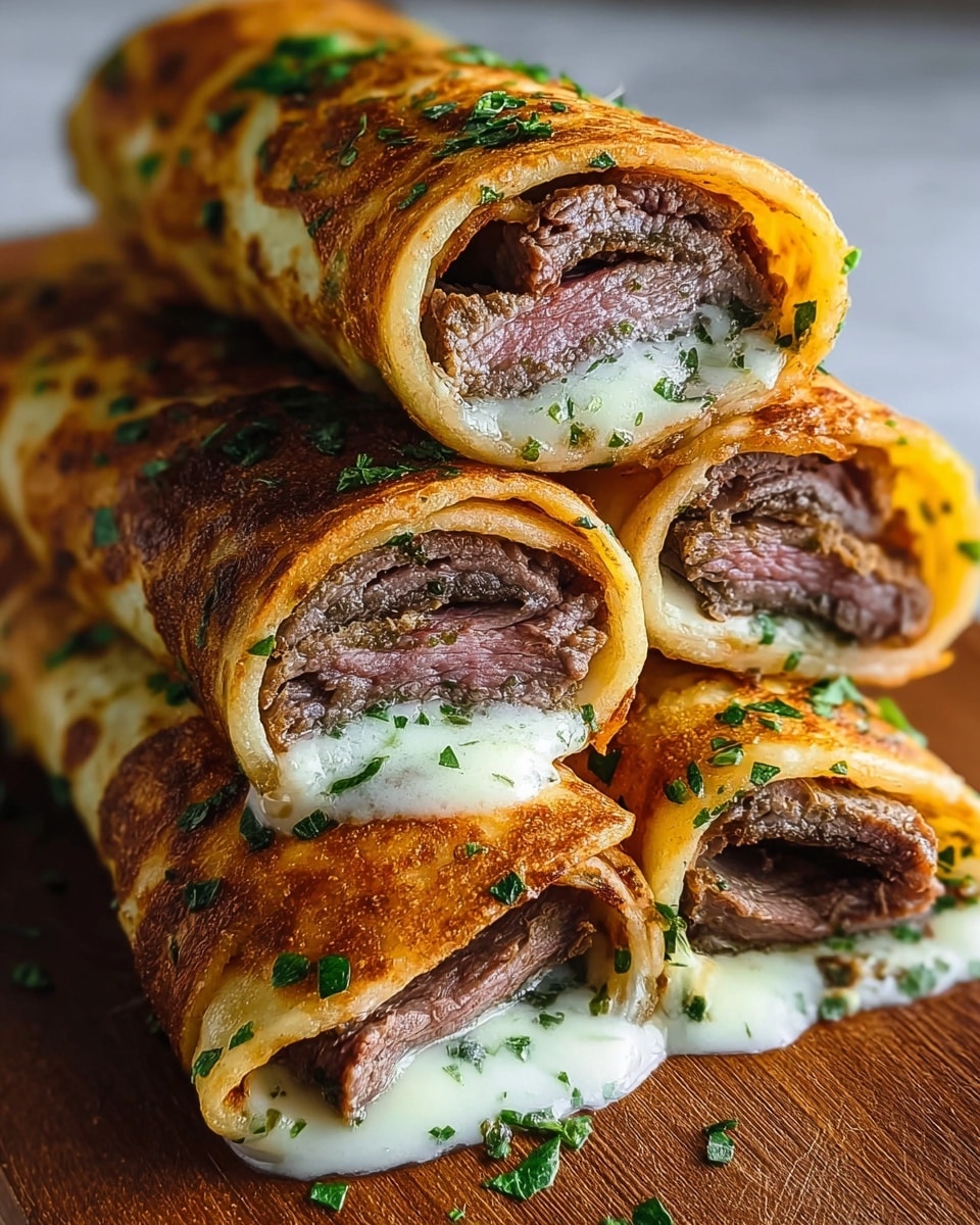 The image shows a stack of four rolled tortillas with visible layers. The outer layer is a golden-brown, crispy tortilla with some green chopped herbs sprinkled on top. Inside, each roll contains tender brown beef slices layered over creamy, melted white cheese with a smooth texture. The rolls are placed closely together on a wooden surface, which is changed to a white marbled texture in the prompt. The herbs add small green specks inside and on top of the rolls, giving a fresh look. photo taken with an iphone --ar 4:5 --v 7