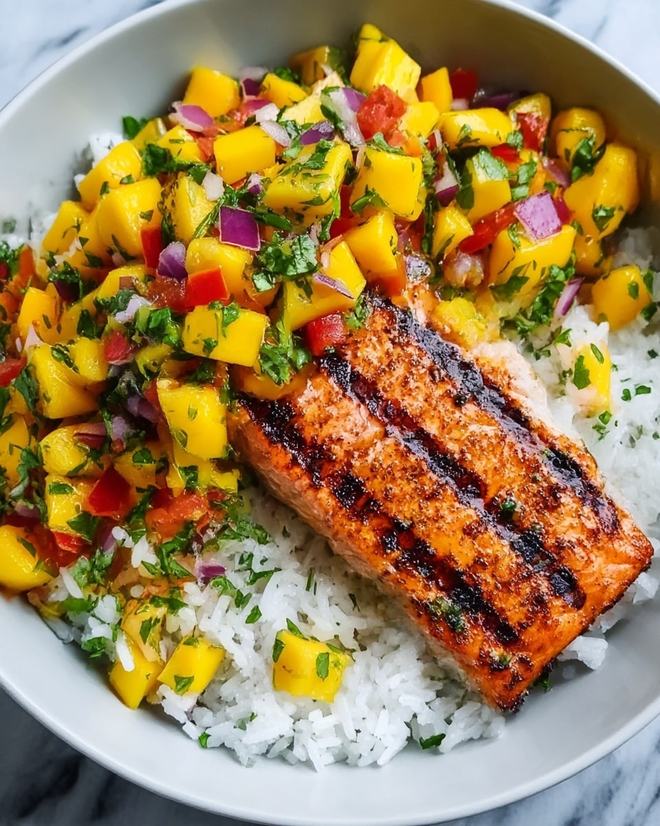 A white bowl filled with three main layers: the bottom layer is white rice with soft, separated grains; on top of the rice is a grilled salmon fillet with charred grill marks and a slightly crispy texture, its color a mix of light pink and brown; covering part of the salmon and rice is a colorful mango salsa made of diced yellow mango, red tomato, chopped green herbs, purple onion bits, and small green pepper pieces. The dish is placed on a white marbled surface. photo taken with an iphone --ar 4:5 --v 7