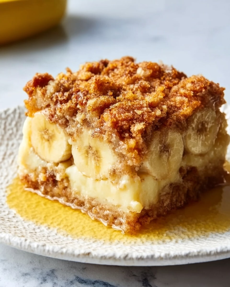 A square piece of baked banana bread pudding rests on a white textured plate on a white marbled surface. The dessert has three visible layers: the bottom layer shows soft, moist bread pieces in light brown with banana slices tucked inside; the middle layer is creamy and pale yellow, blending softly with the bread; the top layer is a thick, crumbly streusel in a darker brown, crispy and rough in texture. Golden syrup is drizzled around the base, catching the light and adding a glossy finish. Photo taken with an iphone --ar 4:5 --v 7