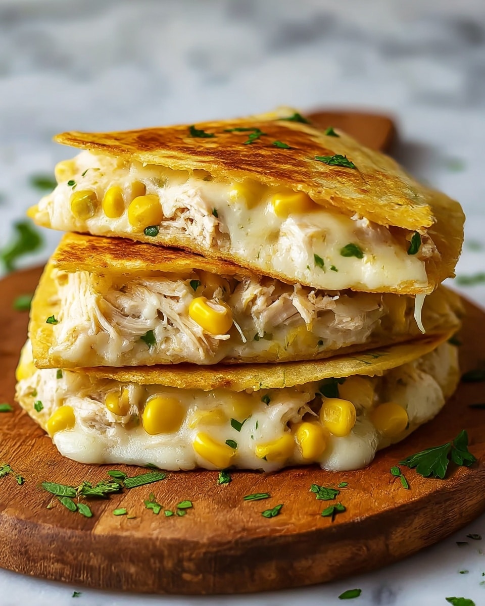 The image shows two stacked corn tortillas that are golden brown and lightly crispy on the outside. Each tortilla holds a thick layer of melted white cheese mixed with shredded chicken, bright yellow corn kernels, and green herbs. The melted cheese looks creamy and gooey, oozing slightly from the sides. The tortillas are placed on a round wooden serving board against a white marbled surface with some green herb garnishes sprinkled on top. Photo taken with an iphone --ar 4:5 --v 7