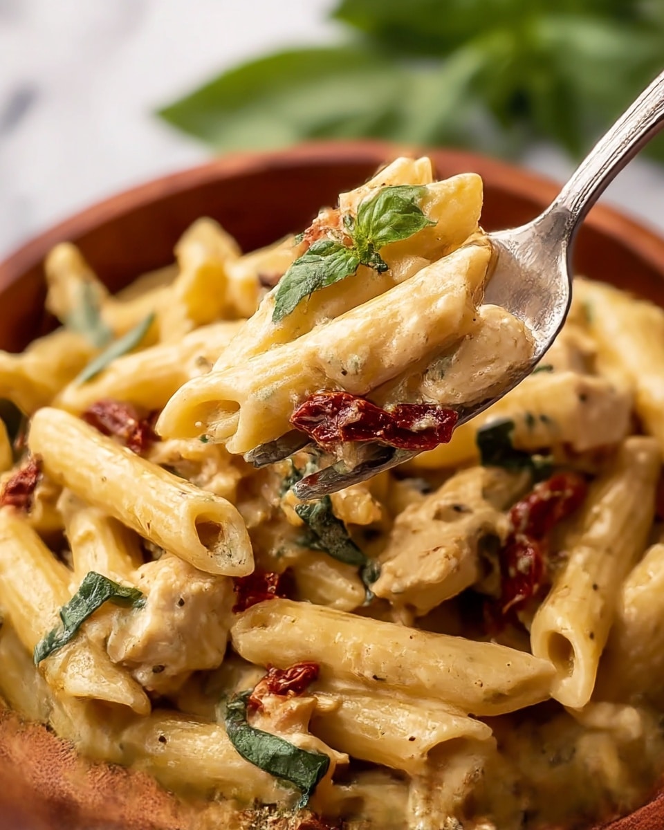 A close-up view of a creamy pasta dish in a wooden bowl shows about two layers of penne pasta, which is coated in a smooth, light yellow cheese sauce. Small pieces of cooked chicken with a light golden-brown texture are mixed evenly throughout the pasta, creating the second texture layer. Bright red sun-dried tomato pieces and fresh green basil leaves are scattered throughout, adding splashes of color and freshness. A silver fork lifts a portion of the pasta, chicken, tomato, and basil, displaying the creamy sauce textures and herb details up close. The background has a white marbled texture with some blurred green basil in the back, giving a bright and fresh feel. Photo taken with an iphone --ar 4:5 --v 7
