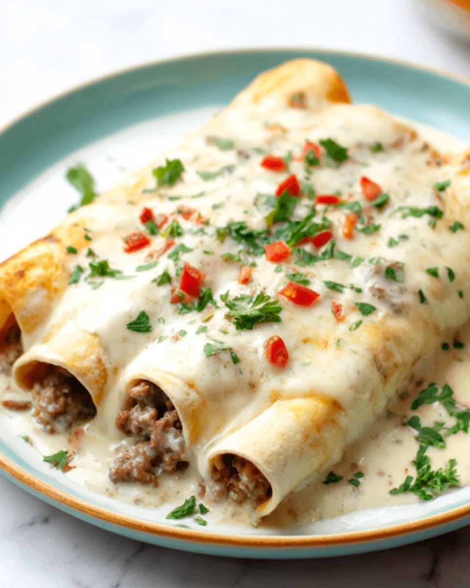 A white plate holds two rolled enchiladas filled with ground meat, covered by a thick layer of melted white cheese sauce that looks creamy and smooth. Small bits of chopped red chili and green parsley are sprinkled on top, adding spots of bright red and green color. The plate is set on a white marbled surface, creating a clean and simple background. Photo taken with an iphone --ar 4:5 --v 7