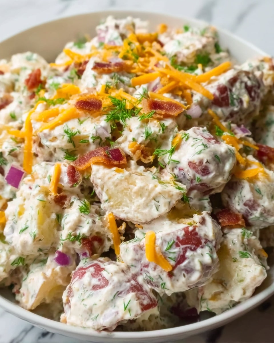 The image shows a close-up of a creamy potato salad in a white bowl. The salad has several chunks of red-skinned potatoes coated in a thick, white dressing. There are bits of green herbs sprinkled throughout, adding a touch of green. Shredded orange cheese is scattered on the top, contrasting with the white dressing. Small pieces of red onion and bits of bacon add pops of purple and brown, creating a mix of colors and textures. The background is a white marbled surface. Photo taken with an iphone --ar 4:5 --v 7