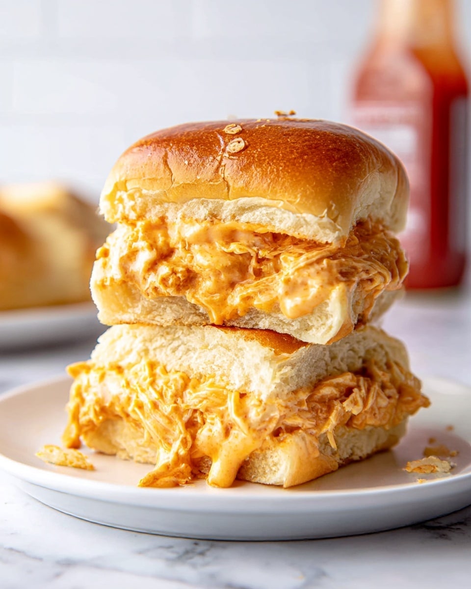 A close-up of a sandwich on a white plate with a white marbled surface, showing two thick layers of soft, golden brown bread rolls. Between the top and bottom bread layers, there are two thick layers of creamy orange chicken filling with shredded texture, oozing slightly over the edges. The upper bread layer is shiny and smooth, with tiny crumbs on the surface. In the blurry background, there is a clear bottle with red sauce. The photo taken with an iphone --ar 4:5 --v 7