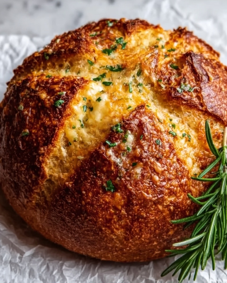 A round, golden brown bread loaf with a crispy and textured crust, showing deep cuts on the top creating a crosshatch pattern. The bread has visible melted cheese inside the cracks, with small green herb sprinkles scattered on top and a fresh green rosemary sprig placed on the right side. The loaf sits on a crumpled white paper on a white marbled surface. The lighting highlights the bread’s crusty texture and melted cheese inside, giving it a warm and appetizing look. Photo taken with an iphone --ar 4:5 --v 7