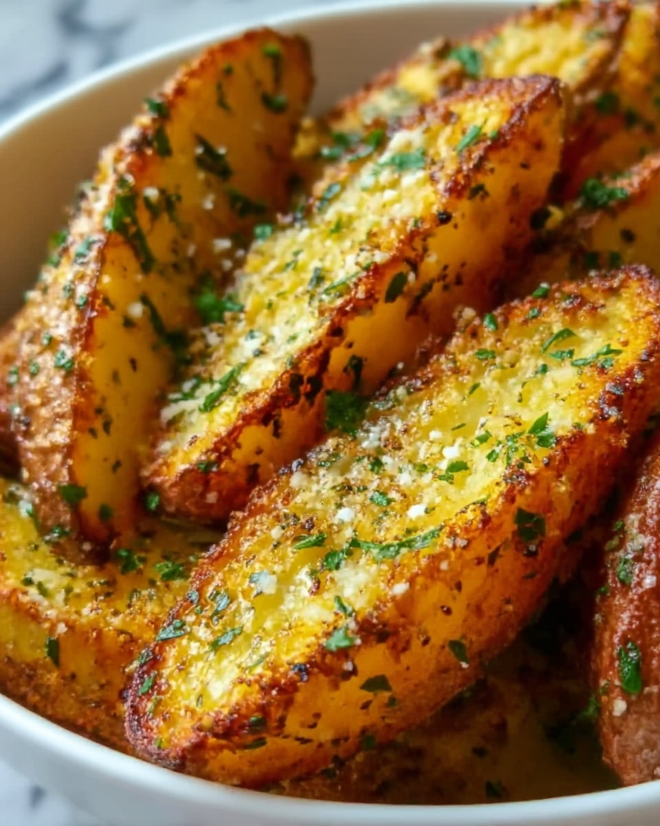 The image shows thick potato wedges layered closely together in a white bowl. Each wedge has a golden-brown crispy skin with a rough texture, sprinkled with small green parsley leaves and tiny bits of black pepper, giving a varied color of yellow, brown, green, and black. The inside of the wedges looks soft and slightly fluffy, with light yellow tones. The surface of the wedges gleams slightly from oil, making the edges look crunchy and inviting. photo taken with an iphone --ar 4:5 --v 7