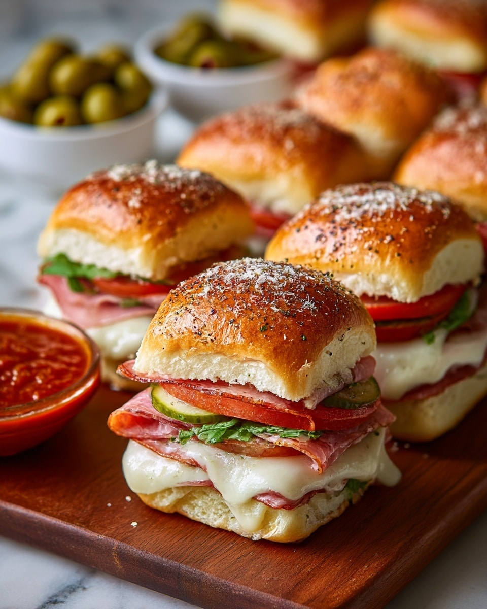 The image shows a close-up of several small sandwiches arranged in rows on a wooden board. Each sandwich has a golden-brown, shiny top bun sprinkled with black pepper and salt. Inside, there are multiple thin layers starting with a soft, fluffy white bottom bun, followed by folded slices of pinkish cured meat, a thick melting layer of white cheese oozing slightly over the edges, bright red slices of tomato, green leafy herbs, and thin slices of pickles. The sandwiches have a fresh and juicy look with a mix of soft textures from the bread and smooth, melted cheese. In the blurry background, there are white bowls with green olives and red sauce on a white marbled surface. photo taken with an iphone --ar 4:5 --v 7