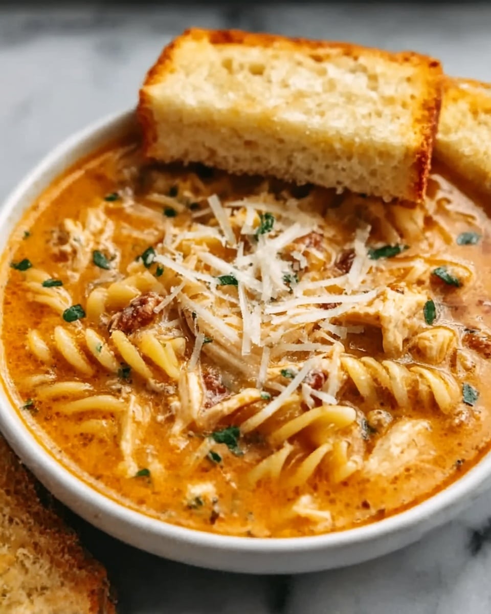 A close-up view of a creamy chicken pasta soup served in a white bowl filled with a rich orange broth mixed with small pieces of chicken and spiral pasta. On top, there are shreds of grated cheese and a sprinkle of fresh green herbs. Two slices of crusty bread rest on the side inside the bowl, partially dipped in the soup. The bowl sits on a white marbled surface, highlighting the warm colors of the dish. Photo taken with an iphone --ar 4:5 --v 7