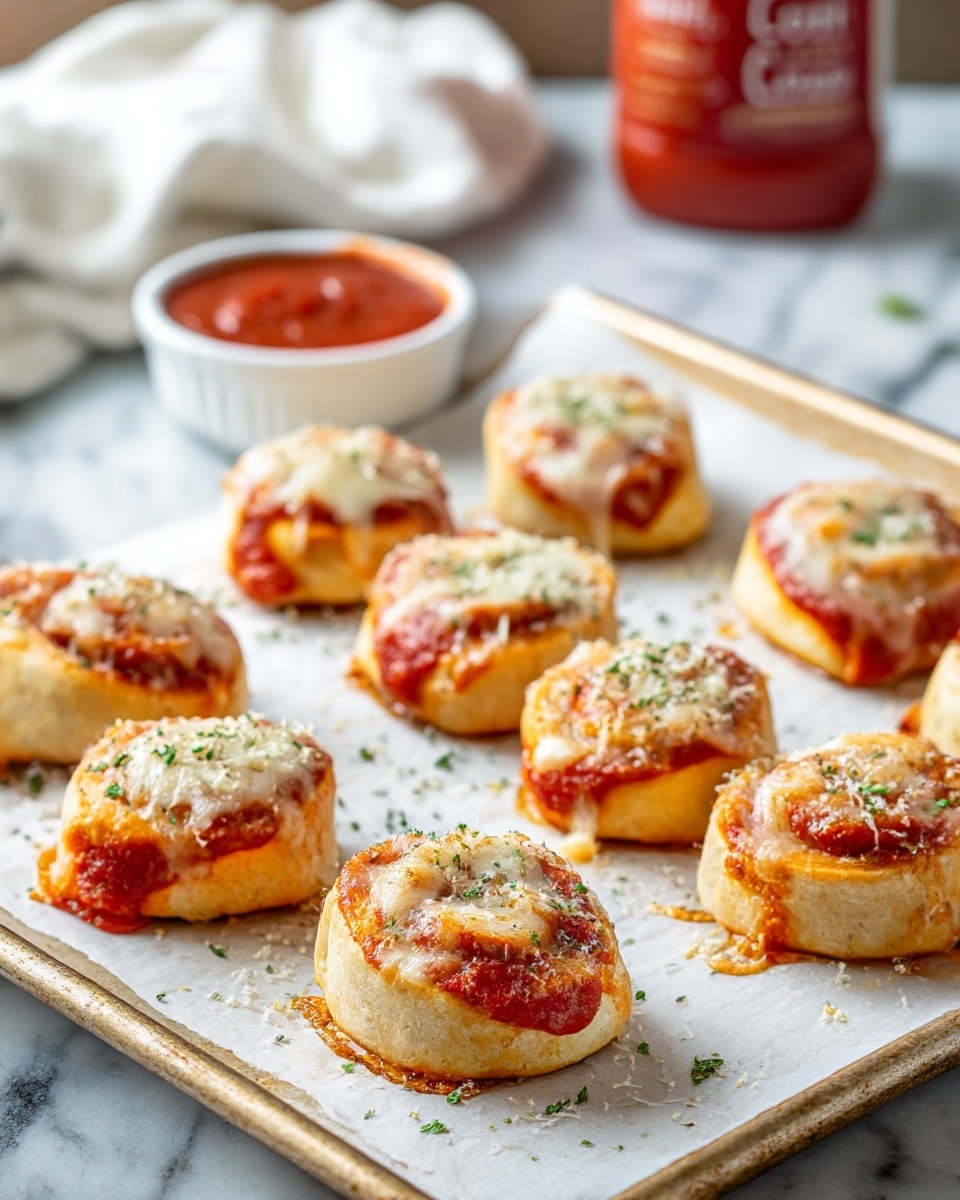 The image shows eight small rolled pizza bites placed on a white parchment-lined baking sheet. Each bite has three visible layers: a golden-brown dough outer layer, a bright red tomato sauce partially oozing from the sides, and a top layer of melted white cheese sprinkled with dried green herbs and grated parmesan. The pizza bites are arranged loosely across the pan, with some cheese slightly browned and bubbling. In the background, there is a blurred white marbled surface, a white cloth, a small white bowl with more red sauce, and a red bottle with white text. photo taken with an iphone --ar 4:5 --v 7