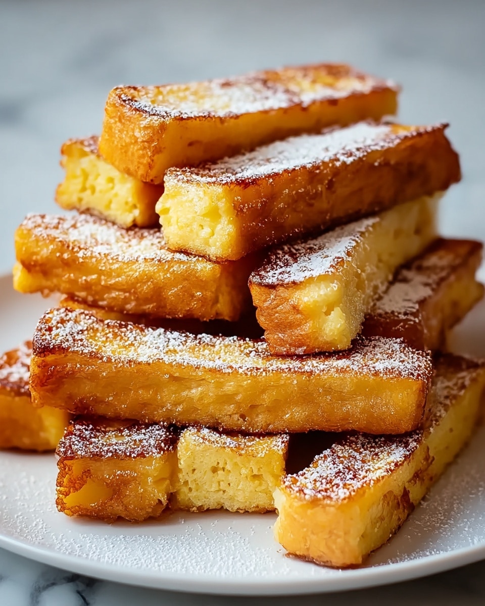 A stack of ten golden-brown rectangular French toast sticks is arranged on a white plate over a white marbled surface. The sticks show a crispy, toasted texture on the outside with a soft, light yellow interior visible. They are layered in two rows, the bottom row lying flat, and the top row stacked unevenly above, creating a slightly messy pile. A light dusting of powdered sugar is sprinkled over the toast sticks and the plate, adding a fine white contrast to the warm tones of the toast. photo taken with an iphone --ar 4:5 --v 7
