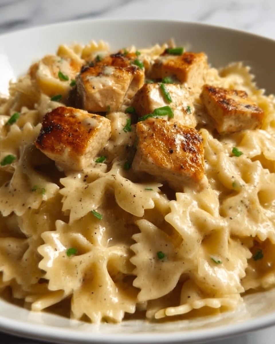 The image shows a close-up of a white plate filled with creamy pasta. The pasta is bow-tie shaped, light yellow in color, and covered with a smooth, white cream sauce. On top, there are several pieces of golden-brown cooked chicken cut into chunks, sprinkled with small green herbs scattered around. The white marbled surface underneath the plate adds to the bright and clean look. photo taken with an iphone --ar 4:5 --v 7