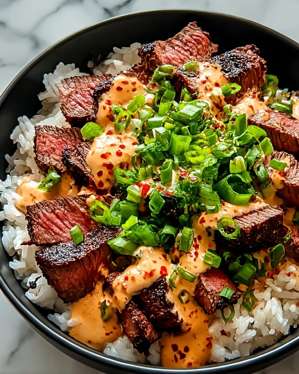 A black bowl filled with a base layer of white rice showing soft, plump grains. On top, a second layer of thick, evenly sliced steak pieces with a charred, dark brown crust on the outside and a pink, juicy center. The steak slices are drizzled with a creamy orange sauce speckled with red spices. Fresh, bright green chopped scallions are scattered generously over the sauce, adding a fresh touch to the dish. The bowl rests on a surface with a white marbled texture. photo taken with an iphone --ar 4:5 --v 7