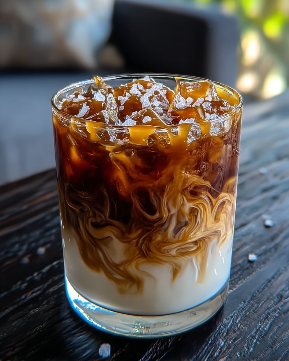 A clear glass filled with a layered iced drink sits on a surface with a white marbled texture; the bottom layer is creamy white, smooth in texture, topped by a thick middle layer where dark brown coffee swirls blend into the white below. Ice cubes fill the top part of the glass, covered with a drizzle of caramel-colored syrup and scattered with coarse white salt flakes. The drink has a rich mix of colors and textures, from smooth cream to glossy ice and syrup. photo taken with an iphone --ar 4:5 --v 7