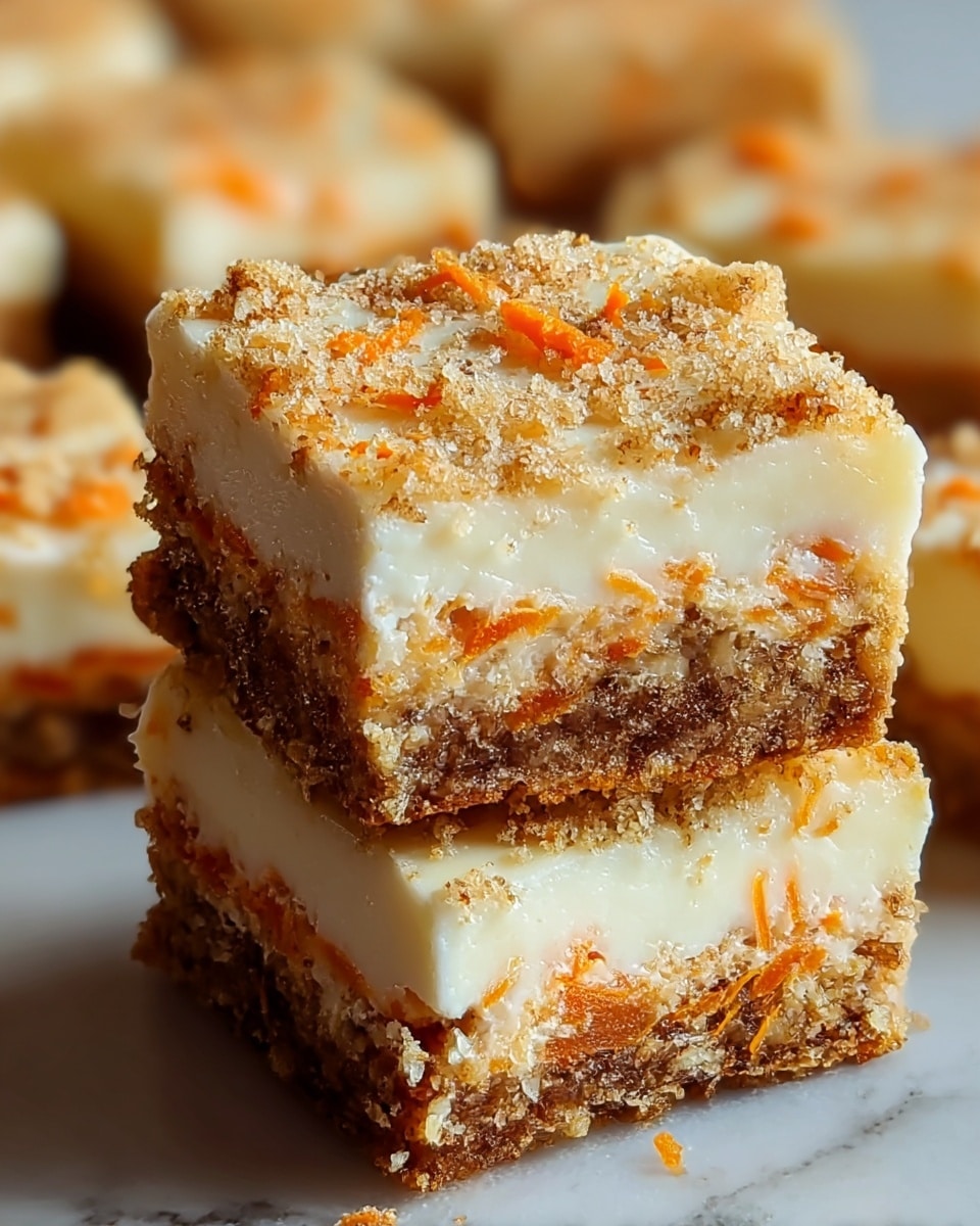 A close-up view of two stacked dessert bars showing three distinct layers: the bottom layer is a moist, crumbly brown base mixed with visible orange carrot shreds; the middle layer is a thick, creamy, smooth white filling; the top layer is a light brown crumbly sprinkle with some browned spots and scattered orange carrot bits, giving a textured look. More dessert bars blurred in the background on a white marbled surface. photo taken with an iphone --ar 4:5 --v 7