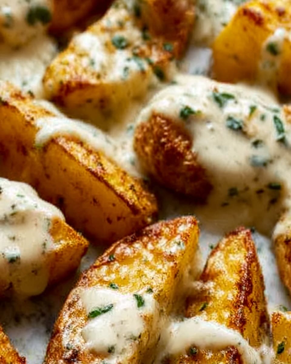 The image shows a close-up of golden brown potato wedges covered in creamy white sauce with green herbs sprinkled on top. The potatoes have a crispy texture with a slightly rough surface, and the sauce looks smooth and thick, evenly spread over the wedges. Some parts of the sauce have a slight shine, making it look fresh and rich. The background is a white marbled texture, making the colors of the potatoes and sauce stand out. Photo taken with an iphone --ar 4:5 --v 7