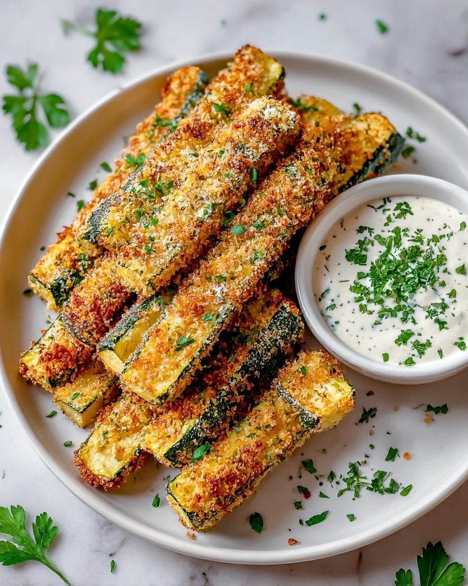 A white plate holds a stack of golden-brown, crispy zucchini sticks, each stick coated with a crunchy breadcrumb and herb mix, showing green zucchini skin on the sides and browned breading on top. The zucchini sticks are sprinkled with fresh green parsley. On the right side of the plate, a small white bowl contains a creamy white dipping sauce topped with chopped green herbs. The plate sits on a white marbled surface with some scattered parsley leaves nearby. photo taken with an iphone --ar 4:5 --v 7