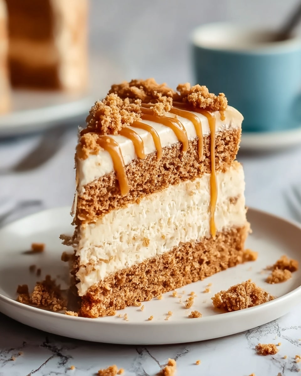 A slice of cake with three visible layers sits on a white plate. The bottom and top layers are light brown crumbly cake, while the middle layer is a thick, creamy off-white filling. The top has a layer of creamy icing with a caramel drizzle running down one side, and crumbly cake bits are sprinkled on top and around the base of the slice. The cake texture looks soft and moist, and crumbs are scattered on the plate. The background is a white marbled texture with a hint of a blue cup in soft focus. Photo taken with an iphone --ar 4:5 --v 7