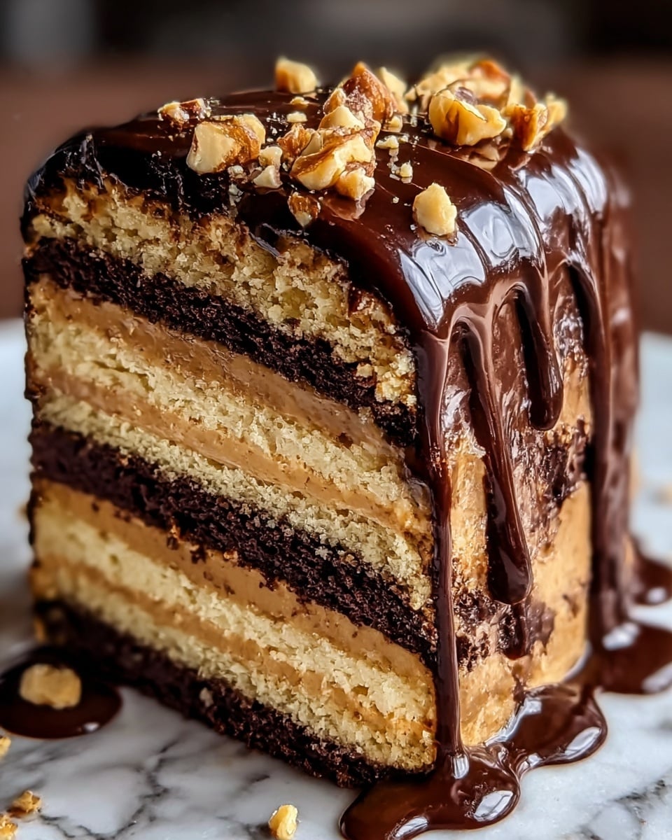 A close-up of a slice of layered cake showing six visible layers that alternate between light beige and dark brown colors. The top layer is dark brown cake covered with shiny dark chocolate glaze that drips down the sides. The glaze covers the entire cake slice with some liquid spreading on a white marbled surface beneath. The beige layers have a crumbly texture, while the dark brown layers look moist and dense. On top, there are small crunchy beige and brown nut pieces scattered. photo taken with an iphone --ar 4:5 --v 7