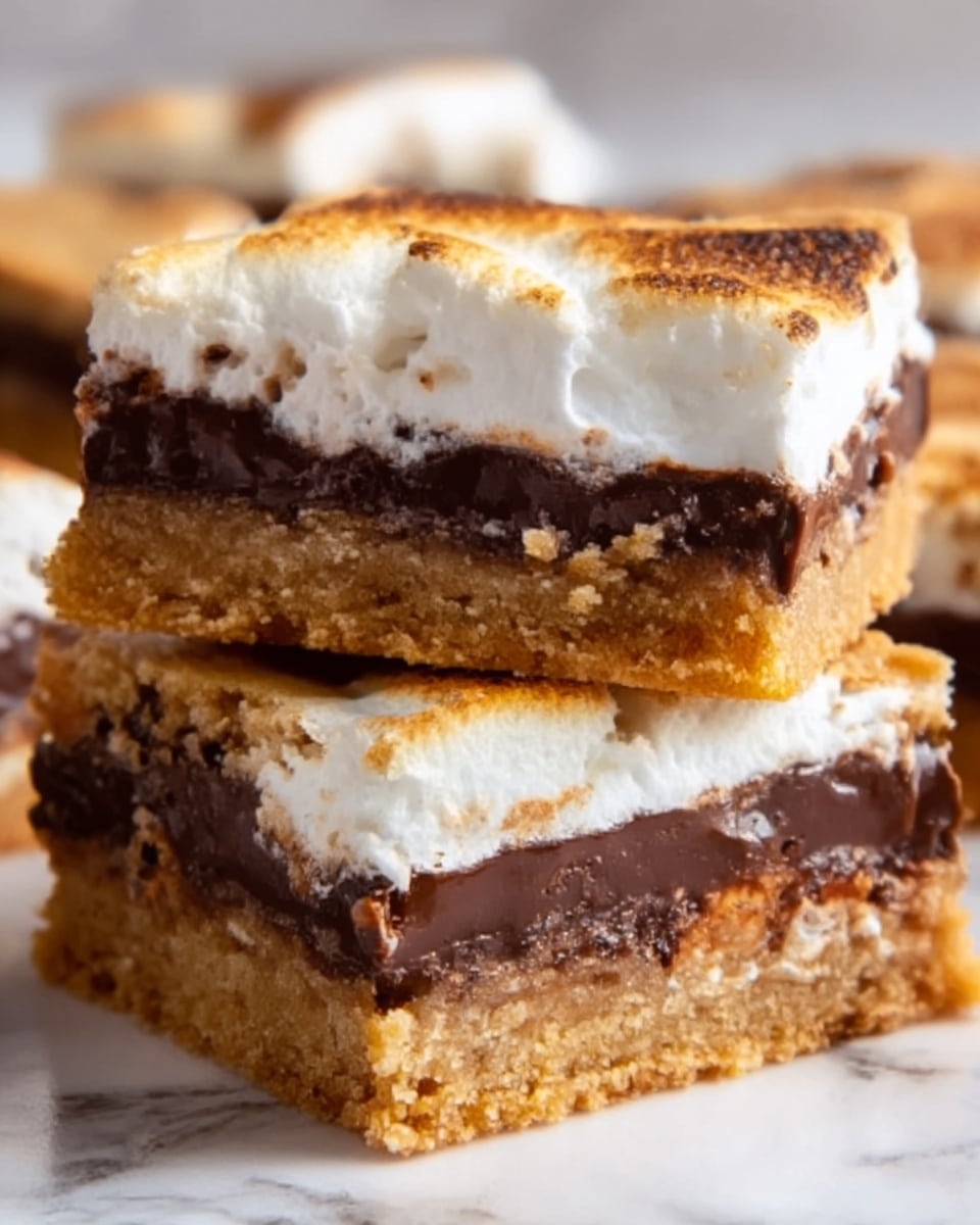 The image shows a close-up of two stacked dessert bars with three clear layers. The bottom layer is a golden brown cookie crust with a crumbly texture, the middle layer is thick and dark chocolate, and the top layer is a fluffy white marshmallow layer that is slightly toasted and soft looking. The bars are set on a white marbled surface, and the rich contrast between the dark chocolate and the light marshmallow is very visible. photo taken with an iphone --ar 4:5 --v 7