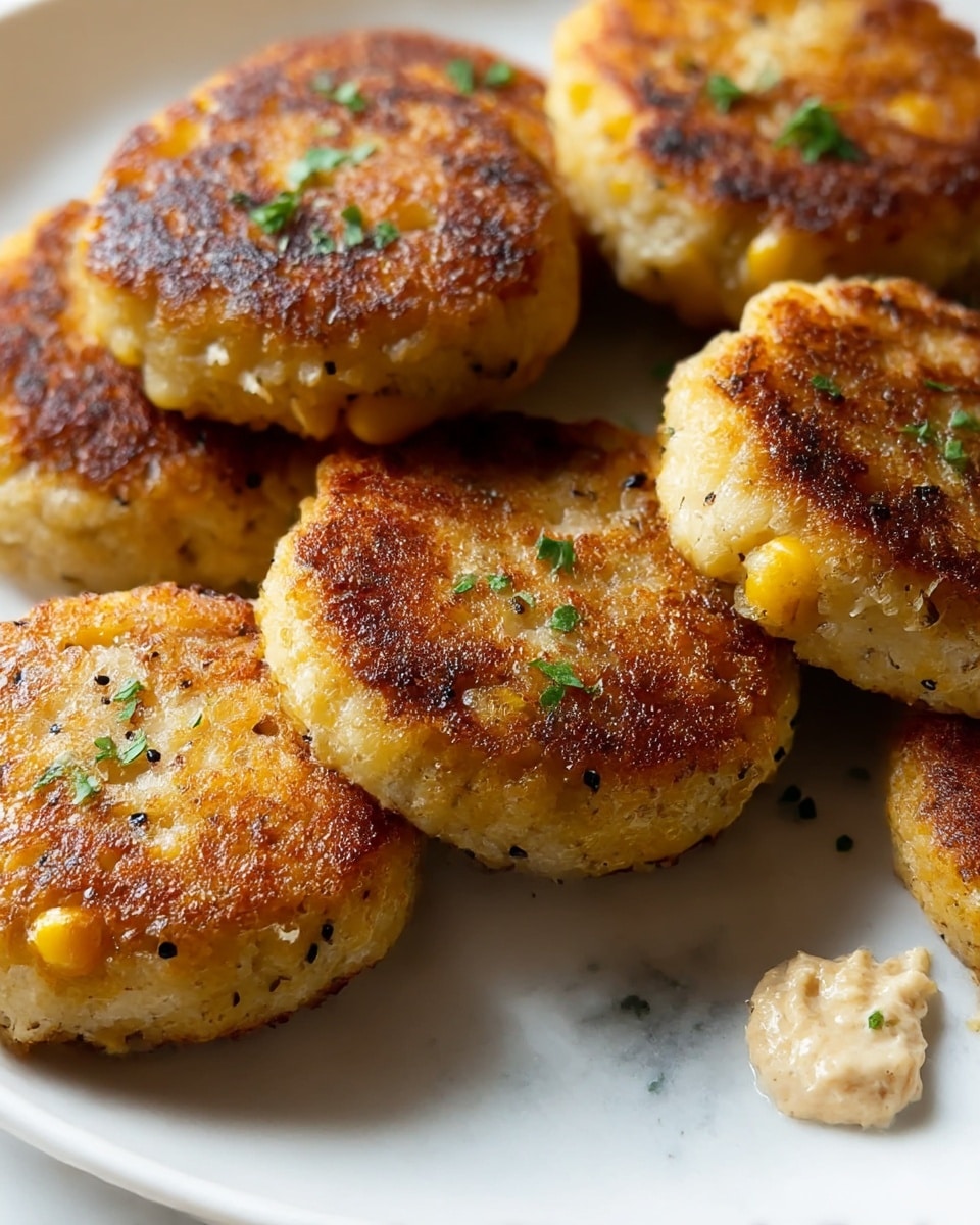 This image shows a close-up of six round, golden-brown patties with a crispy, browned surface and a soft, textured inside. The patties have small black pepper specks and bits of yellow corn visible within them. They are arranged closely on a white plate sitting on a white marbled surface. Some small green herb pieces are sprinkled on top of the patties as garnish. There is also a small dollop of light-colored sauce or spread resting on the plate near the patties. The lighting highlights the patties’ crispiness and moist texture. photo taken with an iphone --ar 4:5 --v 7