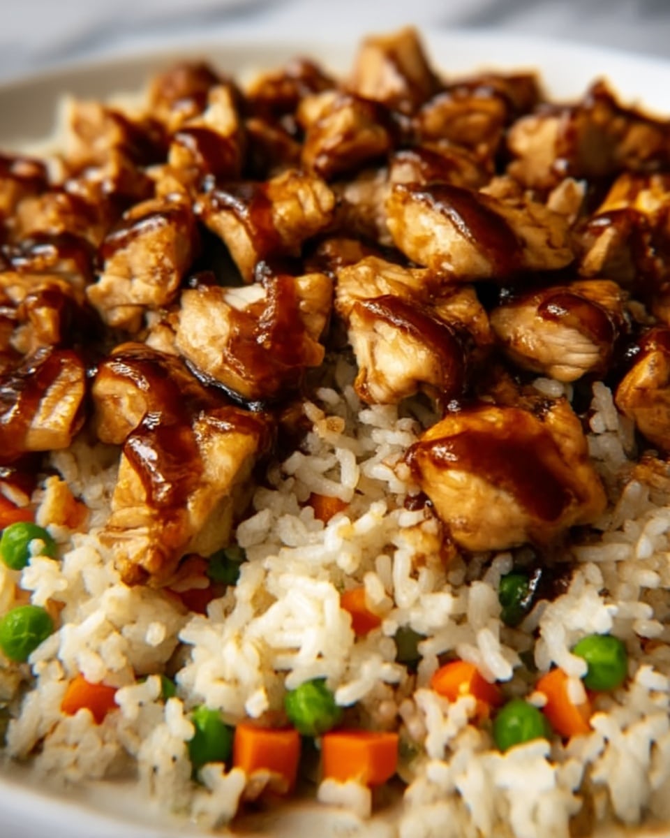 A close-up image of a white plate filled with white fried rice mixed with small pieces of carrots and green peas as the bottom layer, topped with golden-brown grilled chicken chunks glazed with a shiny, dark brown sauce, evenly spread across the top. The rice has a fluffy texture with visible grains, while the chicken looks juicy and slightly crispy on the edges. The background is a white marbled surface. photo taken with an iphone --ar 4:5 --v 7