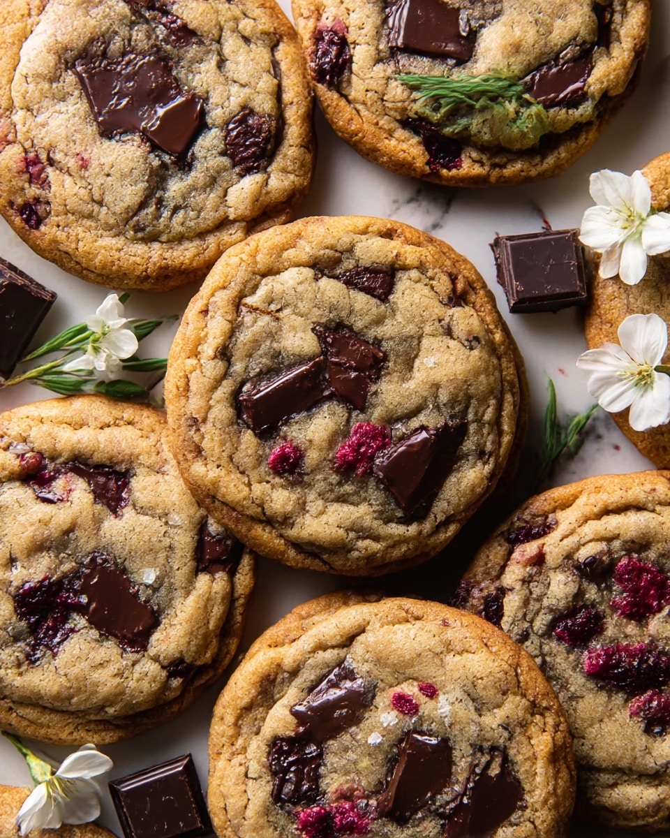 A close-up view of several round cookies stacked closely together on a white marbled surface, each cookie showing a golden-brown baked texture with visible melting chunks of dark chocolate and scattered bits of red berry pieces embedded throughout. The cookies have a slightly cracked top with a soft center and chewy edges. Small white flowers and dark chocolate pieces are placed around the cookies, adding a decorative touch. The lighting highlights the warm, inviting colors and textures of the cookies. photo taken with an iphone --ar 4:5 --v 7