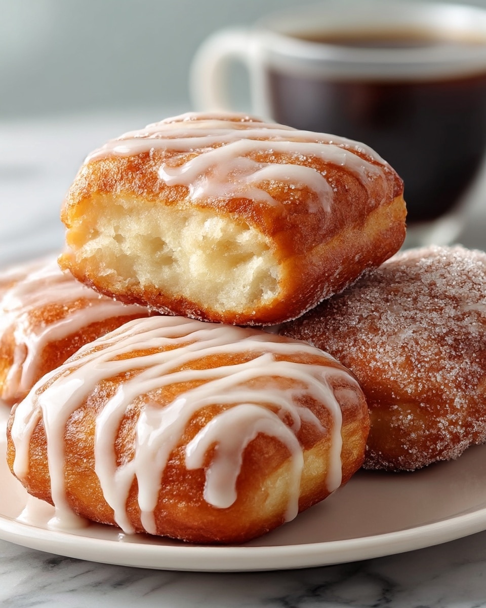 The image shows a close-up of four square-shaped fried doughnuts stacked on a white plate on a white marbled surface. The doughnuts have a golden-brown crispy outside with a soft, light yellow inside. Two doughnuts on top have a shiny white glaze drizzled over them in wavy lines, while the doughnut in the back is covered in a granulated sugar coating. In the background, there is a blurred cup of black coffee in a white mug. photo taken with an iphone --ar 4:5 --v 7
