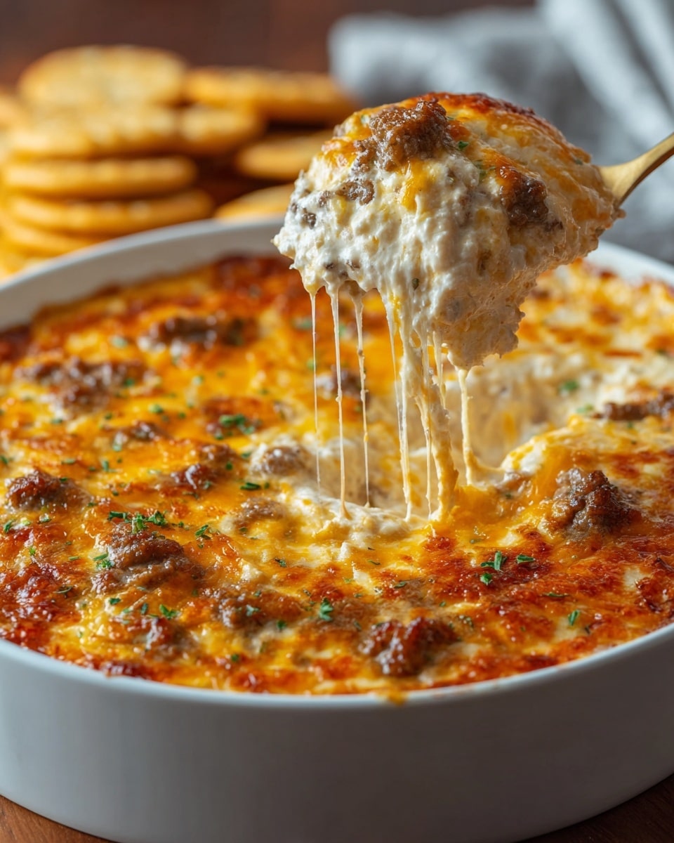 A white round baking dish filled with a creamy baked dip showing two main layers: a bubbly, browned orange and golden cheese crust with small browned meat bits on top, and beneath it a thick, white, creamy layer mixed with more ground meat. A spoon lifts a scoop from the dish, pulling melted cheese strings, revealing the rich, textured inside. The dish sits on a wooden surface with blurred crackers in the background, and some green herb sprinkles decorate the top layer. Photo taken with an iphone --ar 4:5 --v 7