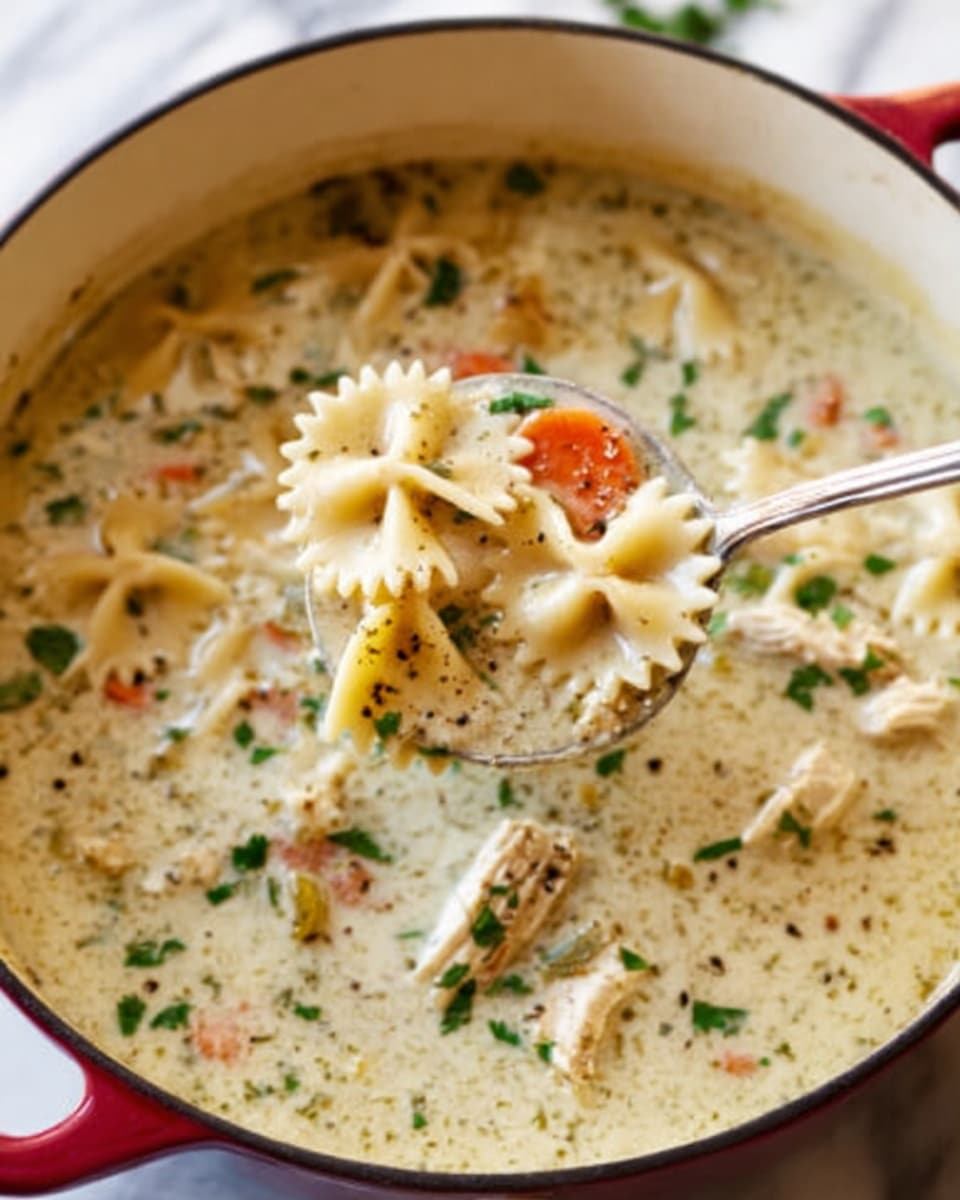 The image shows a creamy soup in a large white pot with red handles, filled with small bow-tie pasta, sliced carrots, and green herbs scattered on top. The soup looks thick and smooth, with the pasta floating on the surface and some herbs scattered inside. A silver spoon is dipping into the soup, partly lifting some pasta and bits of vegetables above the liquid. The background is a white marbled texture. photo taken with an iphone --ar 4:5 --v 7