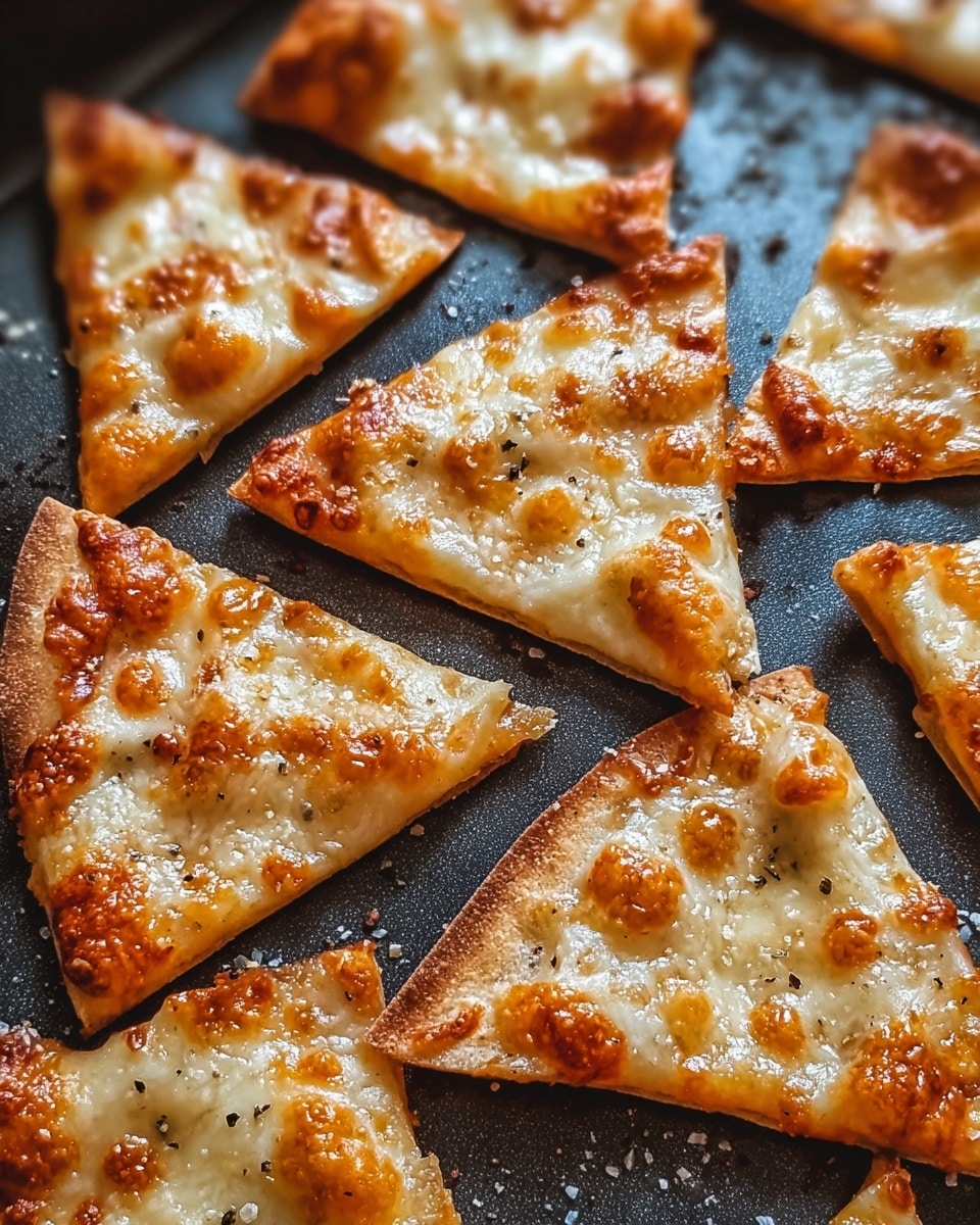 Multiple small, thin, triangular pieces of cheese pizza are laid out on a dark baking tray. Each triangle has a golden-brown crust with some crispy edges, topped with melted, lightly browned cheese scattered with small bubbles and spots. Some pieces show a light sprinkle of black pepper and coarse salt on top. The texture of the crust looks crisp and slightly crunchy, while the cheese appears gooey and stretchy. The scene includes a close-up, slightly angled view that highlights the warm colors and texture contrast of the pizza pieces against the dark surface. Photo taken with an iphone --ar 4:5 --v 7