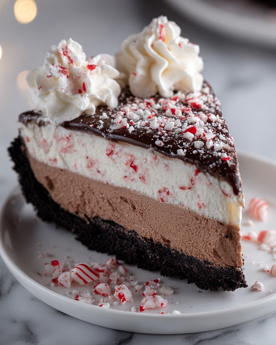 A slice of layered dessert with four distinct layers sits on a white plate over a white marbled surface. The bottom layer is dark and crumbly, resembling a chocolate cookie crust. Above it, there is a smooth, rich chocolate mousse layer in a medium brown color. On top of that lies a thick fluffy white cream layer speckled with small red bits, likely peppermint pieces. Covering the cream is a shiny dark chocolate glaze sprinkled with crushed peppermint candy that adds red and white specks. Three swirls of white whipped cream with a dusting of crushed peppermint candy sit on top near the edge, and additional crushed peppermint pieces are scattered around the plate. Photo taken with an iphone --ar 4:5 --v 7
