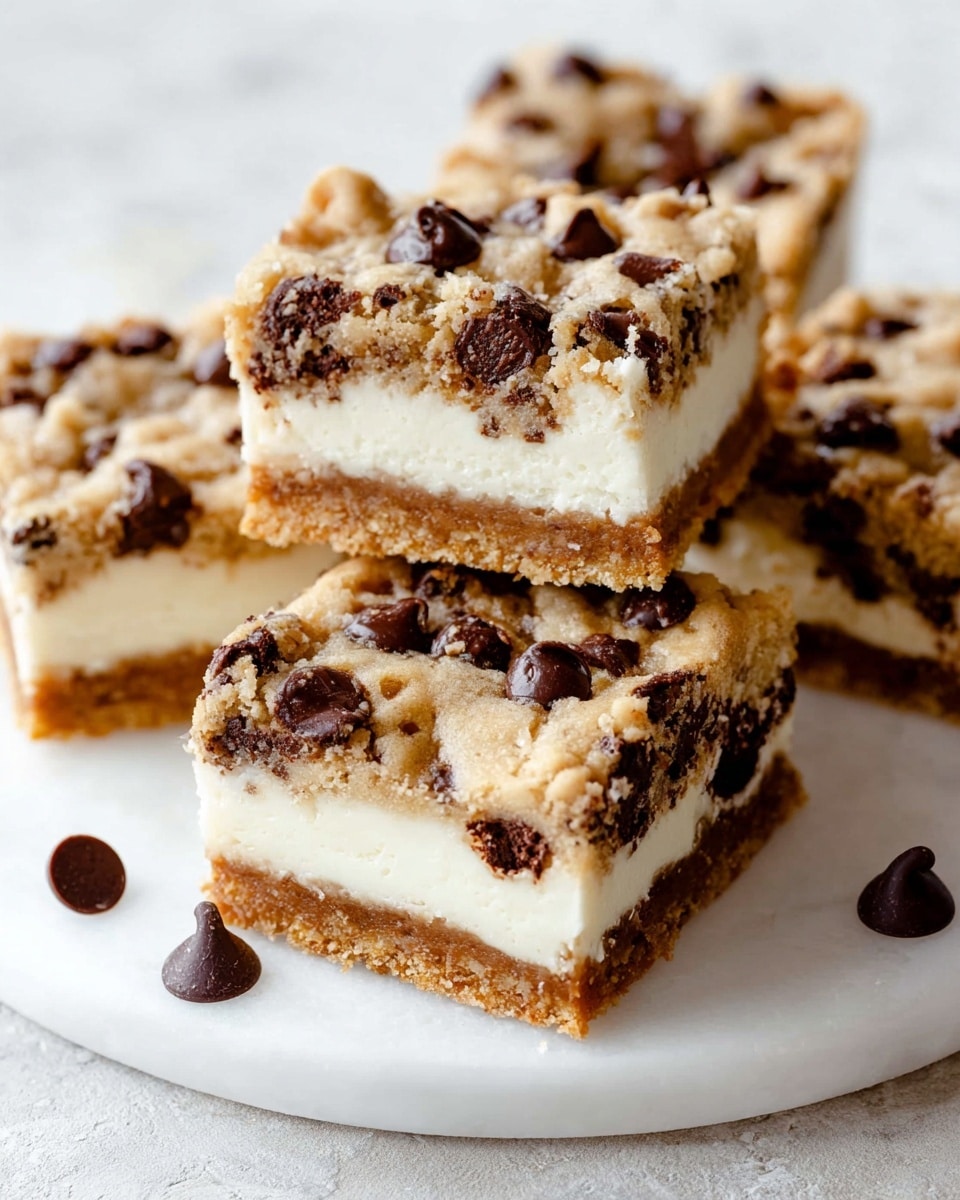 The image shows several square dessert bars arranged on a white plate set on a white marbled surface. Each bar has three clear layers: the bottom layer is a golden-brown crumbly crust, the middle layer is a smooth, creamy white cheese-like filling, and the top layer is a thick, light tan cookie dough filled with dark chocolate chunks. A few chocolate chips lie beside the bars on the plate, adding to the texture details. The bars have a slightly rough texture on top with visible chocolate pieces. Photo taken with an iphone --ar 4:5 --v 7