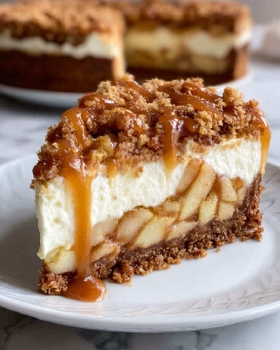 A slice of pie is shown on a white plate, resting on a white marbled surface. The pie has three distinct layers: the bottom layer is a crumbly brown crust, the middle layer is a thick, smooth cream cheese filling with small pieces of apple mixed in, and the top layer is a golden-brown crumb topping with a drizzle of caramel sauce over it. The crust looks crunchy, the cream cheese layer is soft and creamy, and the crumb topping is textured and slightly chunky. Photo taken with an iphone --ar 4:5 --v 7