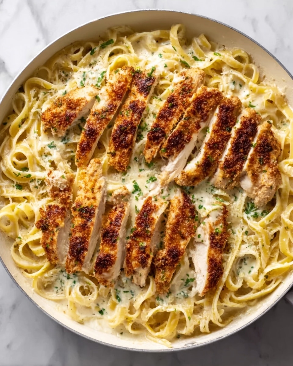 A round white pan sits on a white marbled surface, filled with creamy pasta. The pasta forms the base layer, light yellow in color and smooth in texture. On top, there are evenly spaced strips of golden-brown grilled chicken breast with a light crust of seasoning. The creamy sauce coats the pasta and is visible in the spaces between the chicken strips, with hints of green herbs scattered lightly throughout. The dish has a warm and inviting look with a balanced layer of sauce, pasta, and chicken. photo taken with an iphone --ar 4:5 --v 7