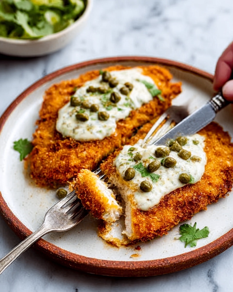 The image shows two pieces of crispy golden-brown breaded chicken placed on a white plate, each topped with a generous layer of creamy white sauce and garnished with small green capers scattered on top. The chicken has a rough, crunchy texture with crispy edges, and the sauce looks smooth and slightly glossy. The plate is set on a white marbled surface, with an old-style fork placed beside it. The setting captures a close and appetizing view of the dish. photo taken with an iphone --ar 4:5 --v 7