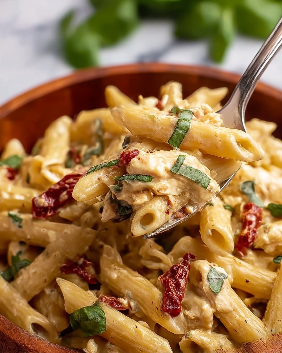 The image shows a close-up of a bowl of creamy penne pasta mixed with pieces of cooked white chicken and garnished with dried red sun-dried tomatoes and fresh green basil leaves. The penne pasta is coated in a light yellow creamy sauce with visible specks of black pepper and herbs. The dish is served in a round white bowl, placed on a white marbled surface. A silver fork is lifting a bite of the pasta with chicken, tomato, and basil, highlighting the textures of the creamy sauce, tender chicken, and bright toppings. Photo taken with an iphone --ar 4:5 --v 7