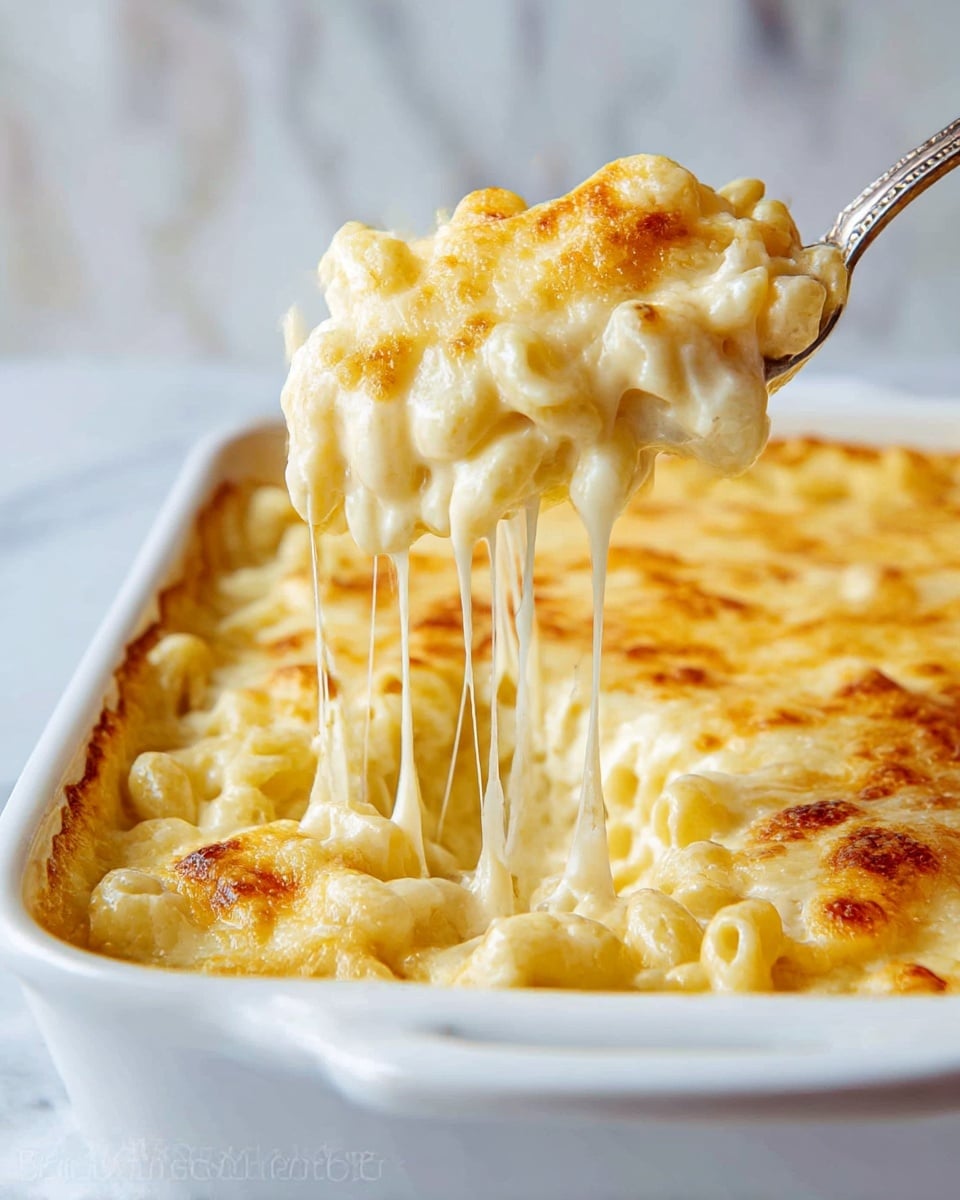 A white casserole dish filled with creamy macaroni and cheese, showing a lift of the dish with a metal spoon. The macaroni is coated in melted cheese, with long strings of gooey golden-yellow cheese stretching from the dish to the spoon. The top layer is baked, with small browned spots scattered across the surface. The pasta underneath looks soft and creamy, with a smooth white cheese sauce holding the elbow-shaped macaroni together. The background is a white marbled texture. photo taken with an iphone --ar 4:5 --v 7