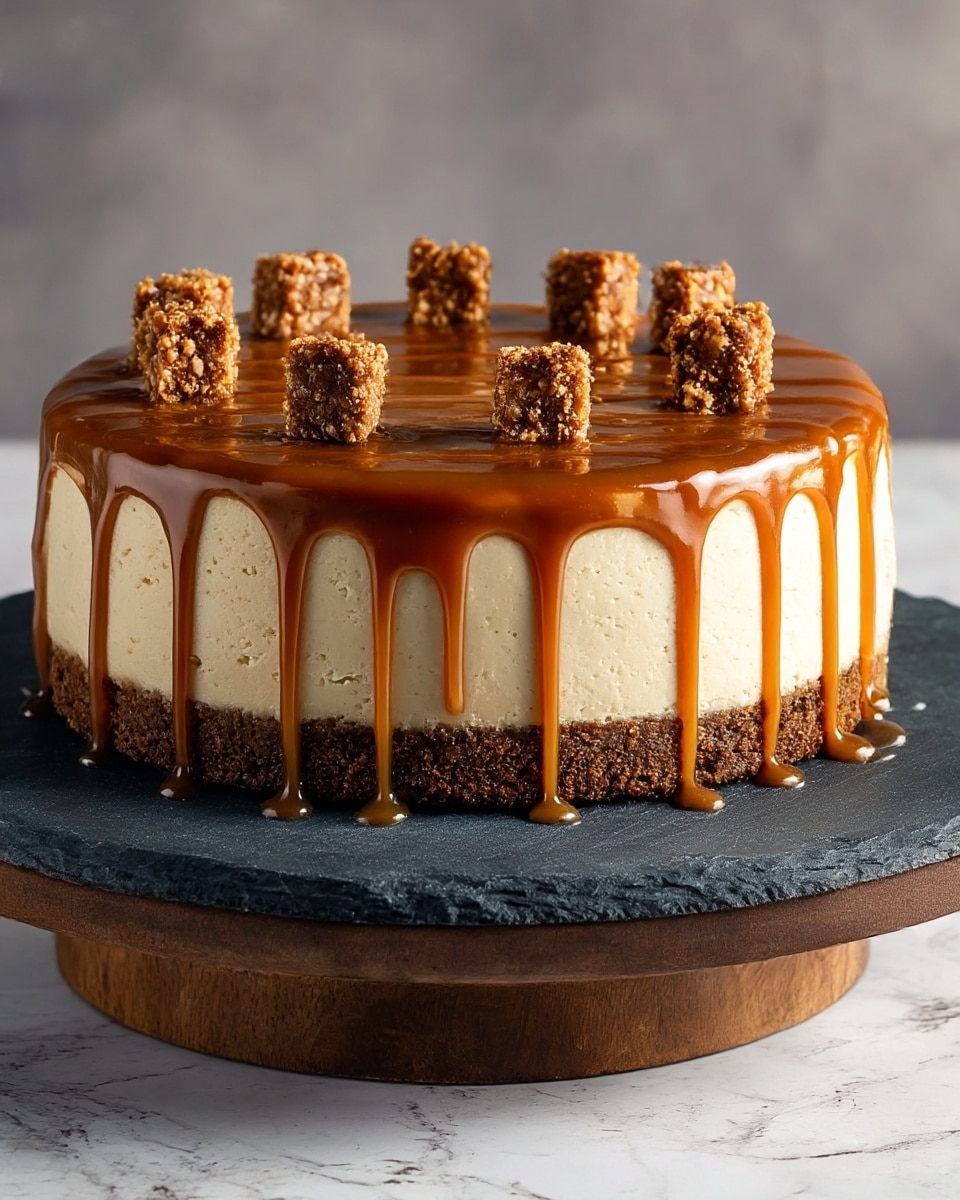 The image shows a round cheesecake with three visible layers on a white marbled texture surface. The bottom layer is a crumbly brown crust, the middle layer is a smooth light beige cheesecake, and the top layer is a thick, shiny caramel sauce that drips down the sides in uneven streams. On top, there are small square pieces of a crumbly topping arranged evenly around the edge. The cake is placed on a dark slate circle on a wooden base, with a rustic cloth nearby. Photo taken with an iphone --ar 4:5 --v 7