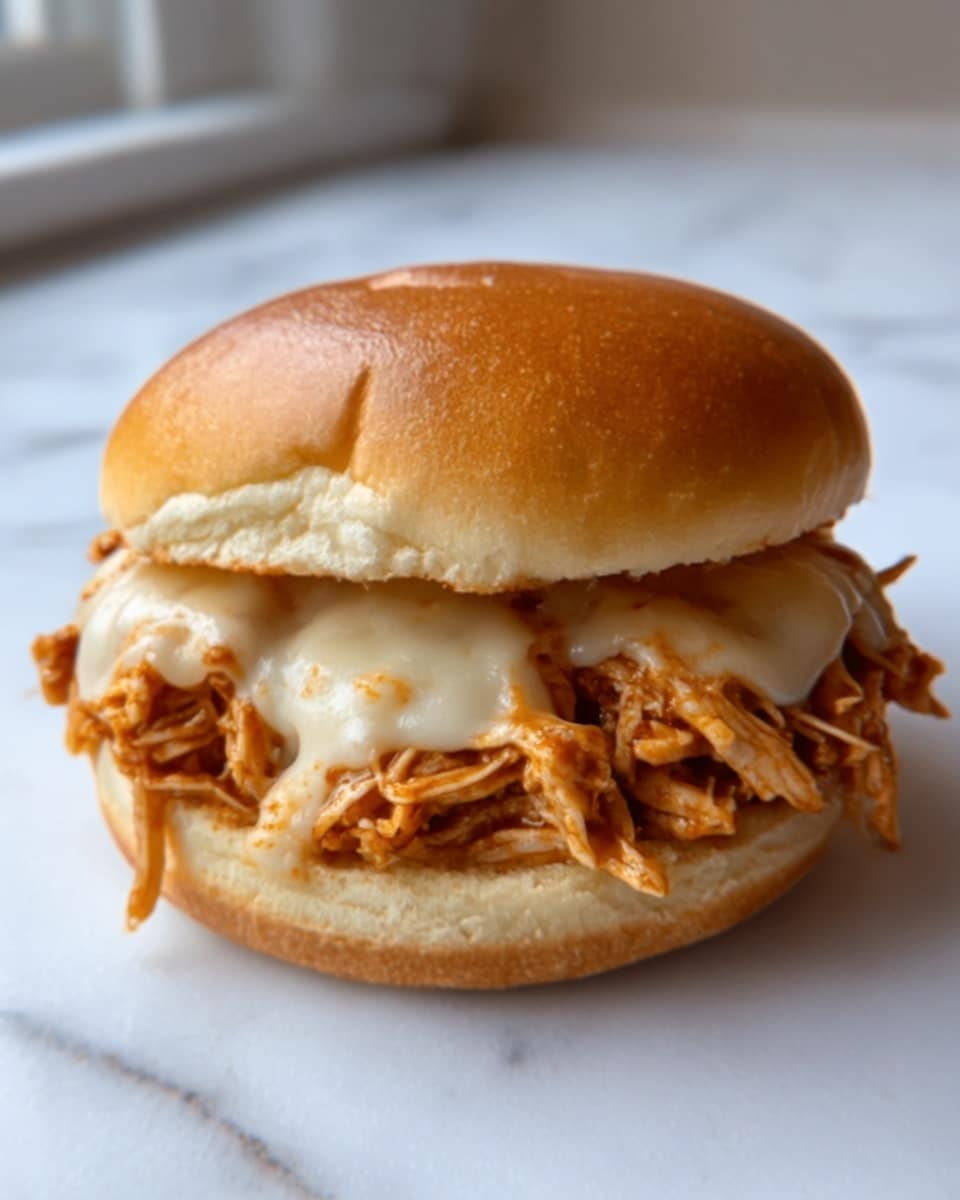 A soft, round sandwich bun with a golden-brown top and bottom holds a thick layer of shredded chicken covered in melted white cheese. The shredded chicken appears moist and mixed with a reddish sauce, filling the middle of the sandwich. The sandwich sits on a white surface with a white marbled texture in the background, and natural light shines softly from the side. Photo taken with an iphone --ar 4:5 --v 7